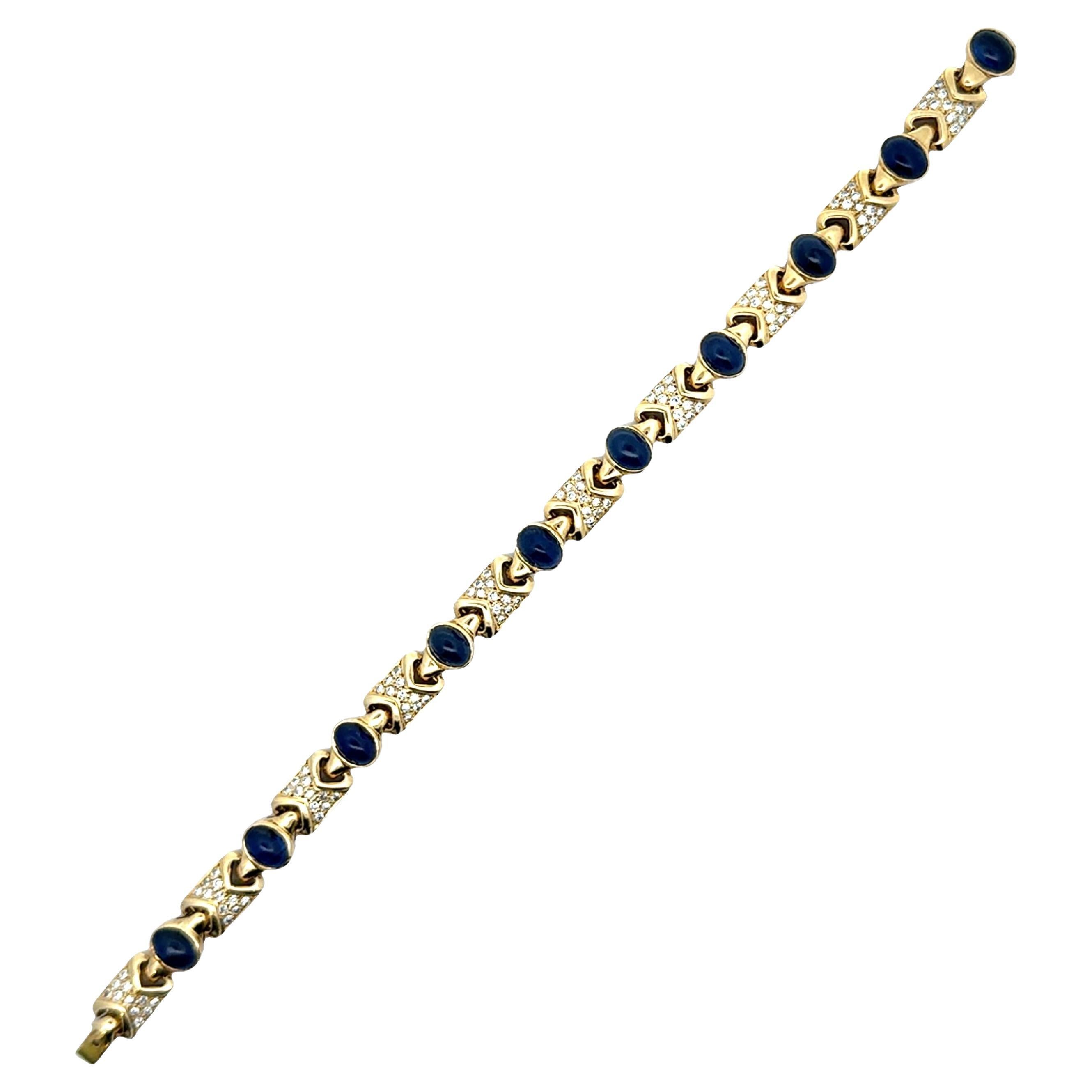 Blue Sapphire Diamond 18K Yellow Link Bracelet en vente