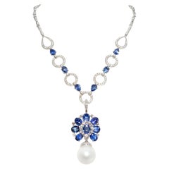 Blue Sapphire Diamond 18mm Pearl Necklace Design by Ella Gafter
