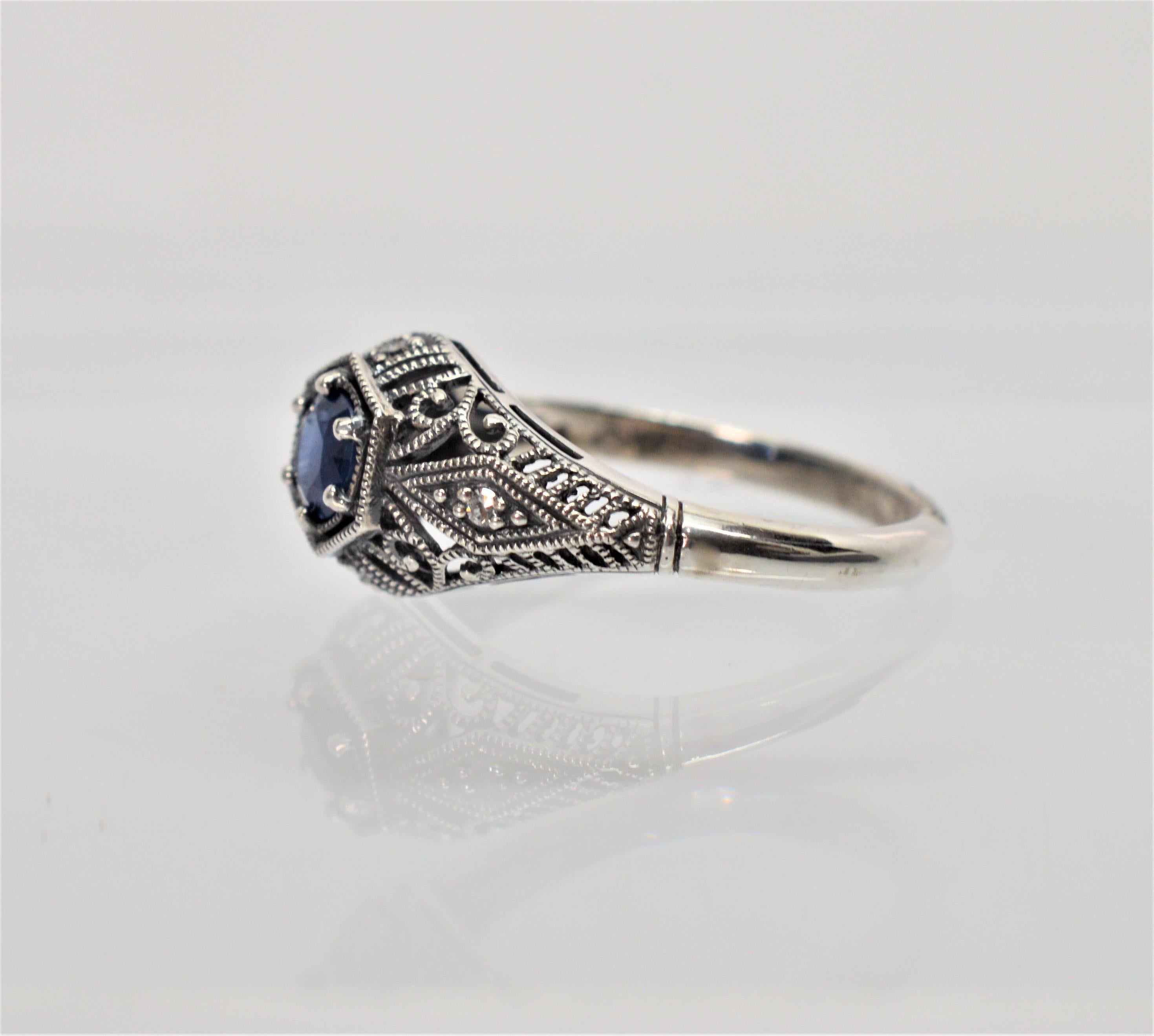 Round Cut Blue Sapphire Diamond Accent Sterling Silver Filigree Art Deco Style Ring w Box For Sale