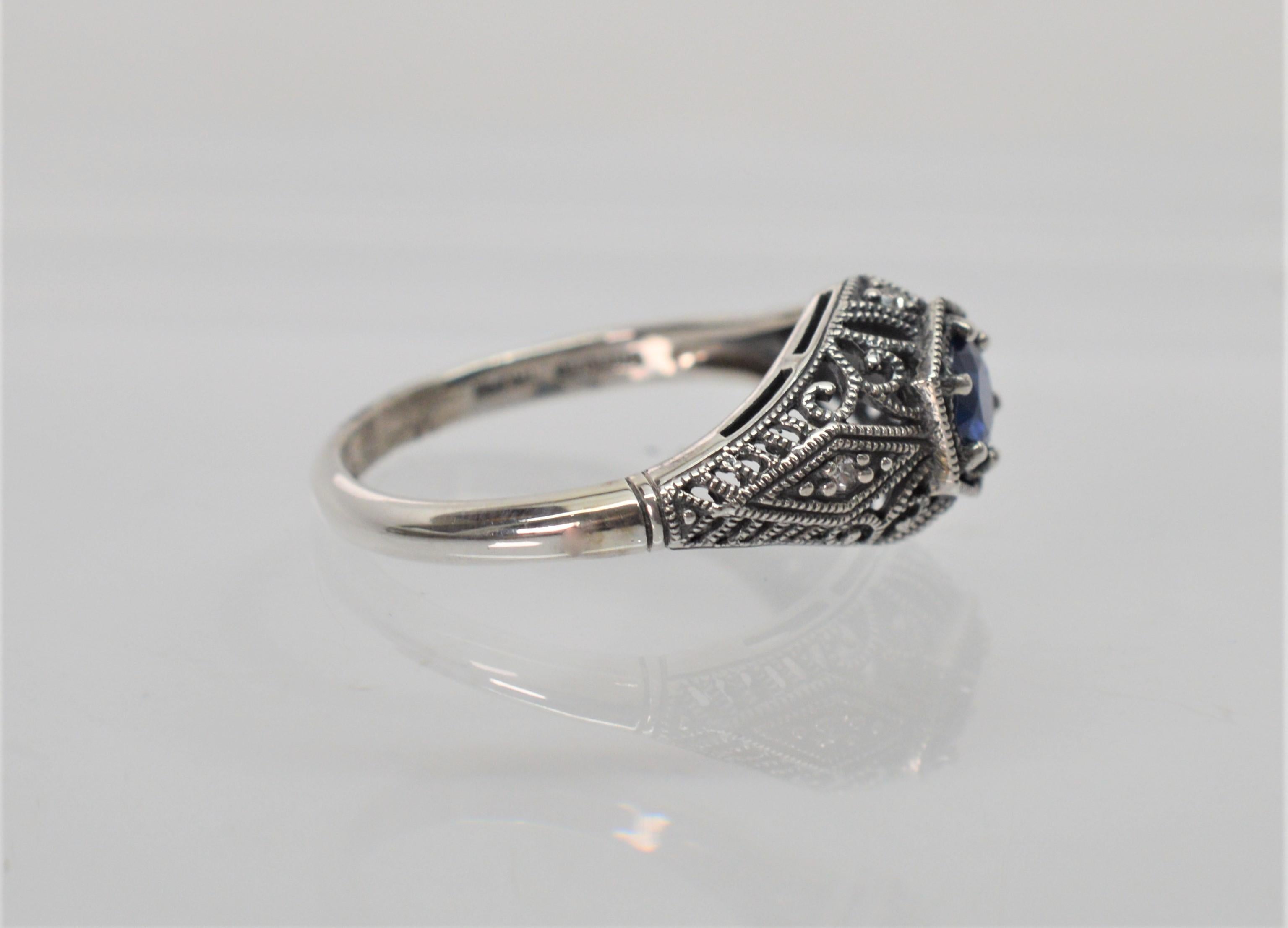 Women's Blue Sapphire Diamond Accent Sterling Silver Filigree Art Deco Style Ring w Box For Sale
