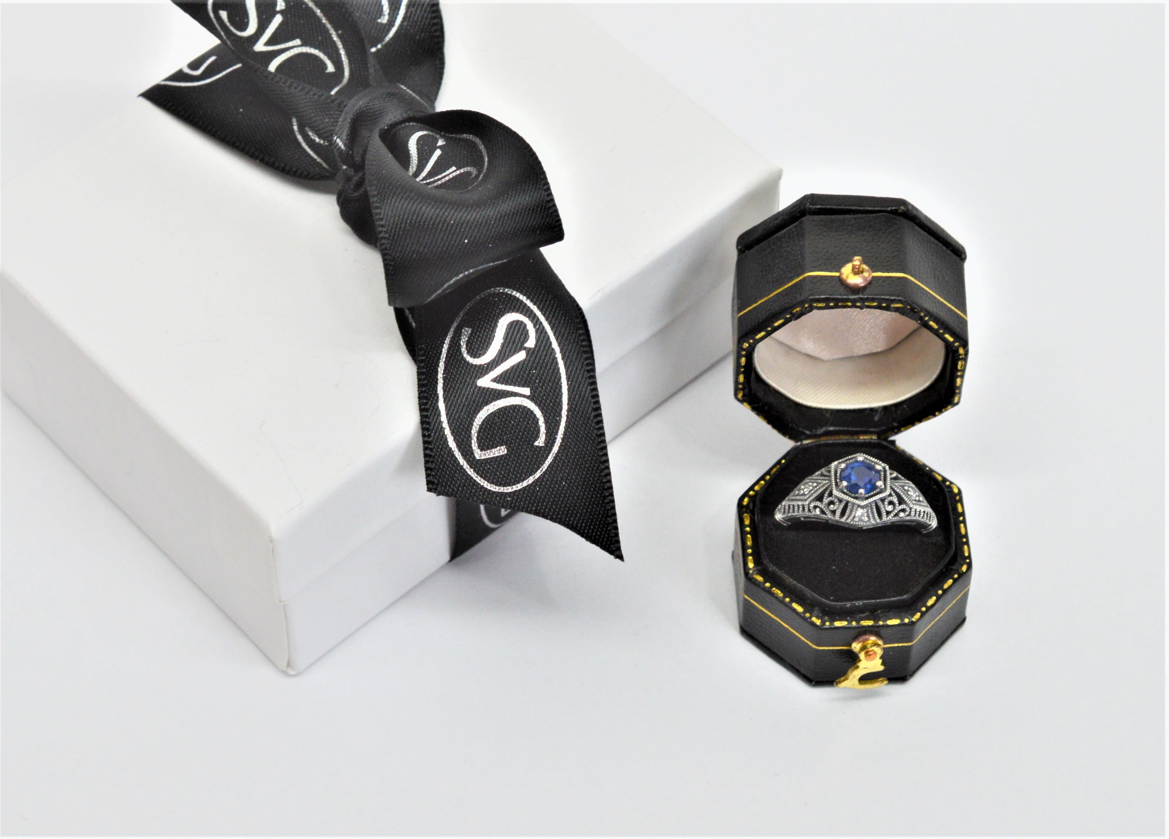 Blue Sapphire Diamond Accent Sterling Silver Filigree Art Deco Style Ring w Box For Sale 1