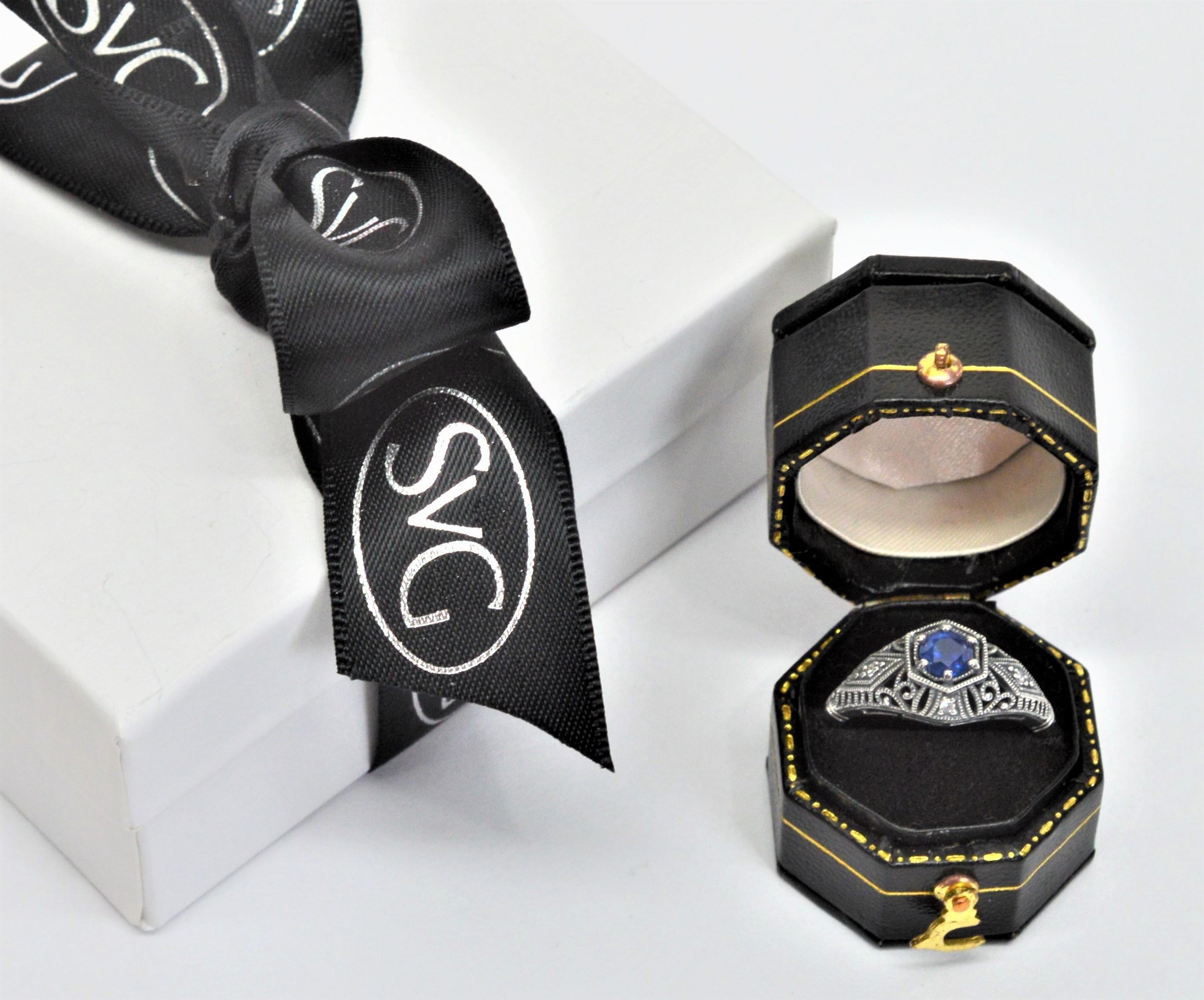 Blue Sapphire Diamond Accent Sterling Silver Filigree Art Deco Style Ring w Box For Sale 4
