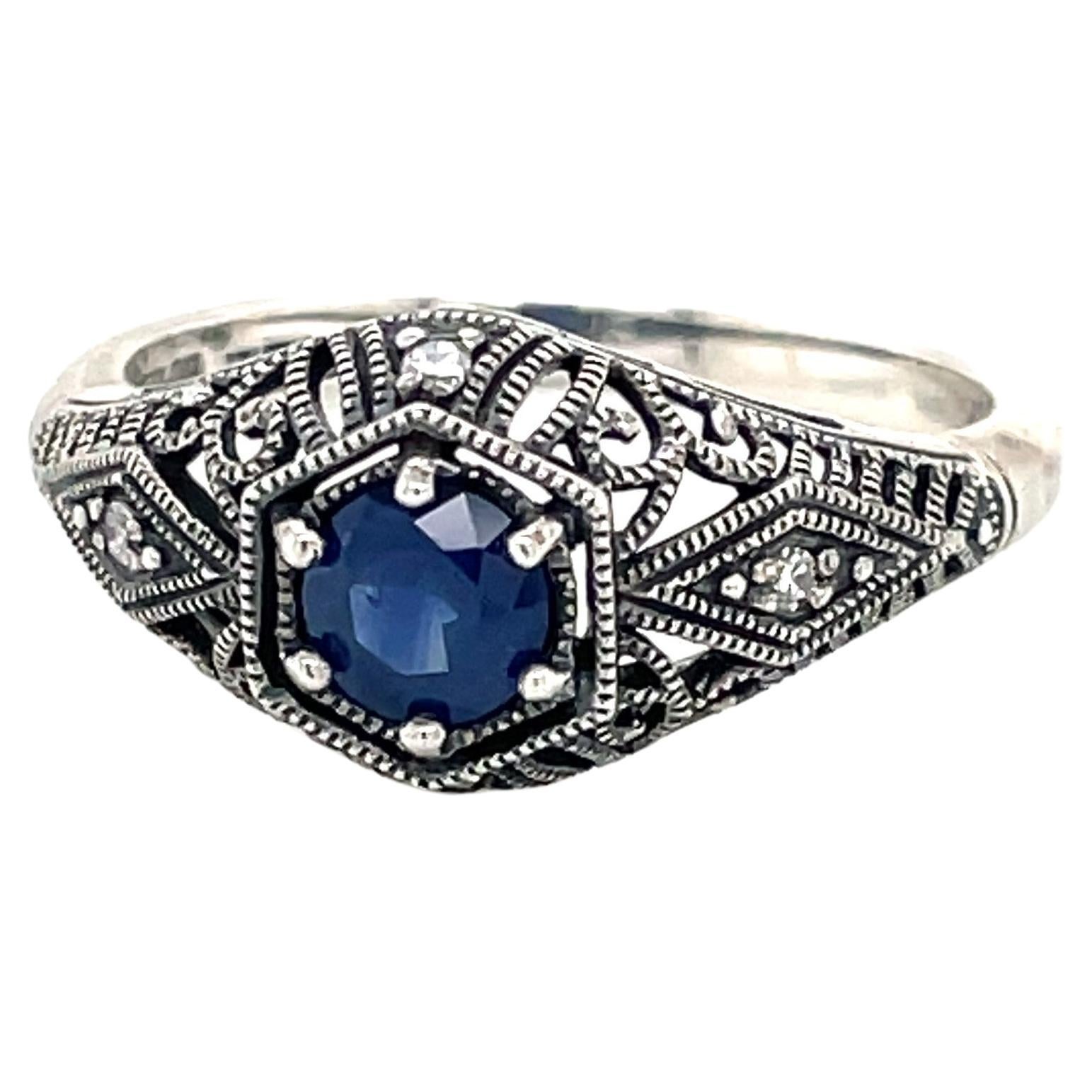 Blue Sapphire Diamond Accent Sterling Silver Filigree Art Deco Style Ring w Box For Sale