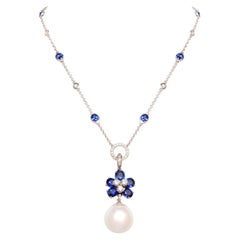 Blue Sapphire Diamond and 17mm Pearl Pendant Necklace Design by Ella Gafter