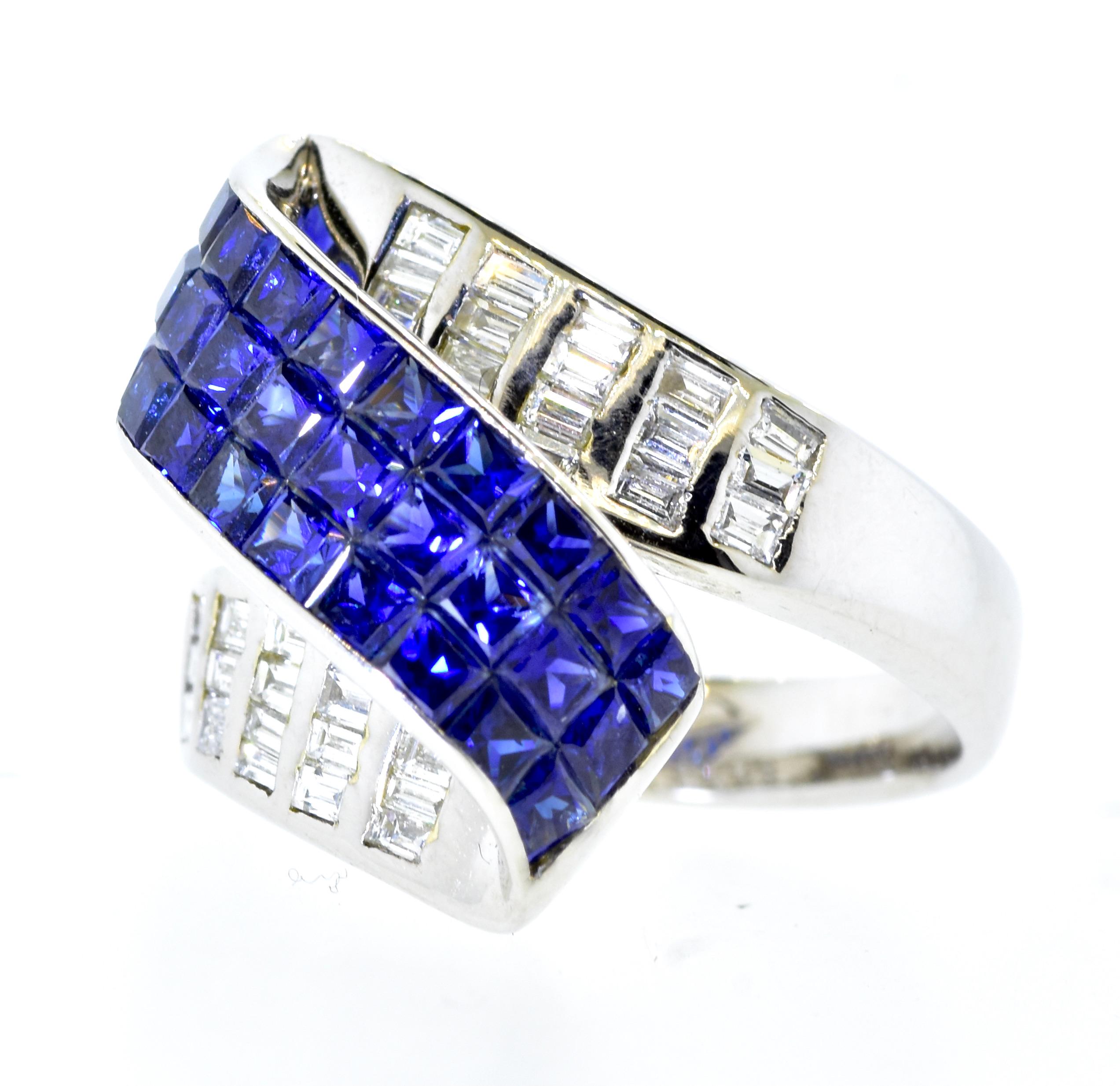 Blue Sapphire, Diamond and 18K White Gold Ring 4