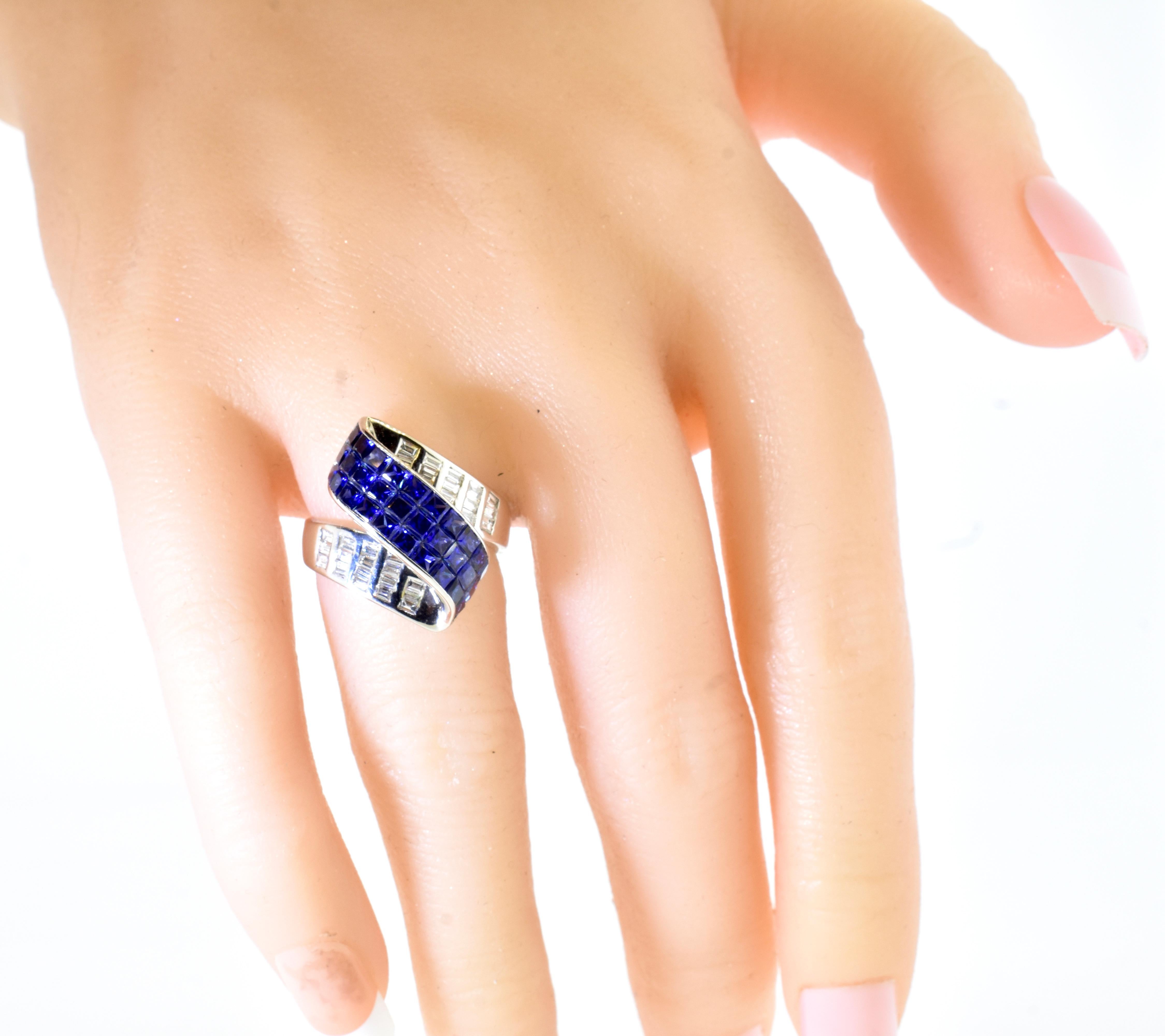 Contemporary Blue Sapphire, Diamond and 18K White Gold Ring