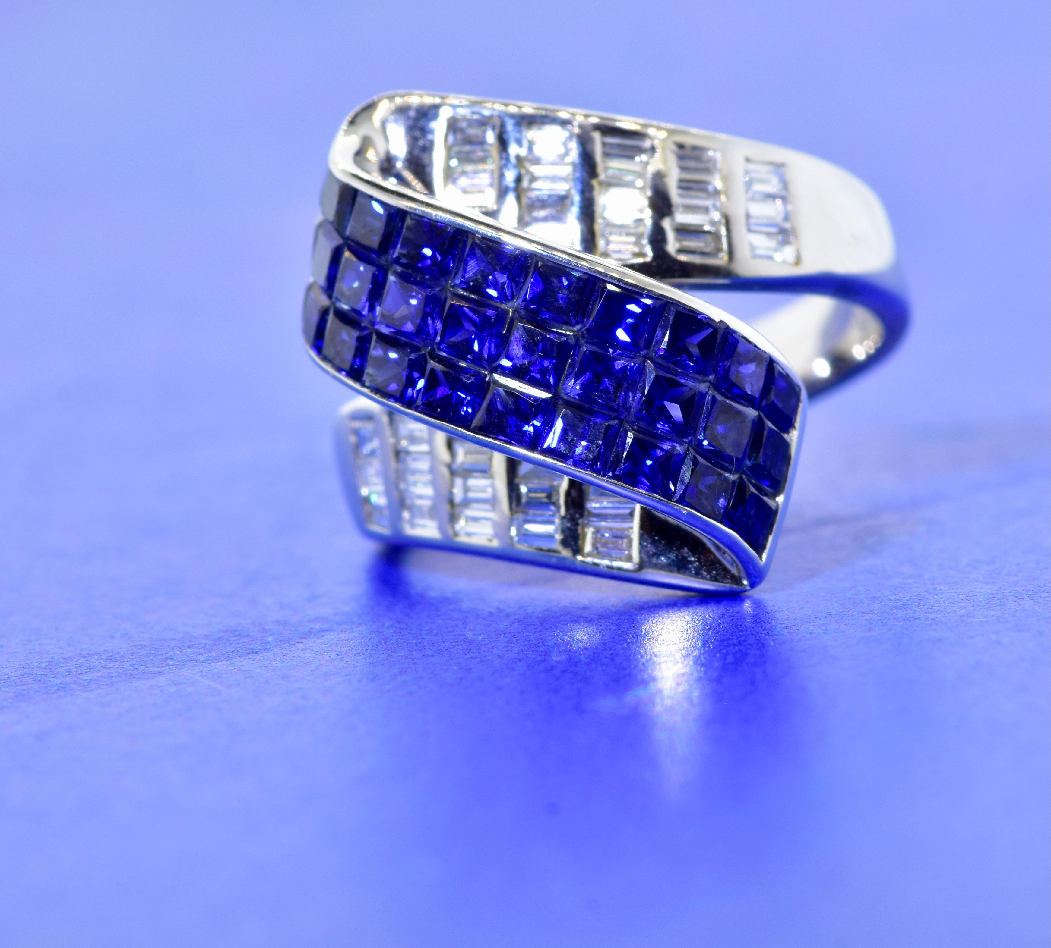 Women's or Men's Blue Sapphire, Diamond and 18K White Gold Ring