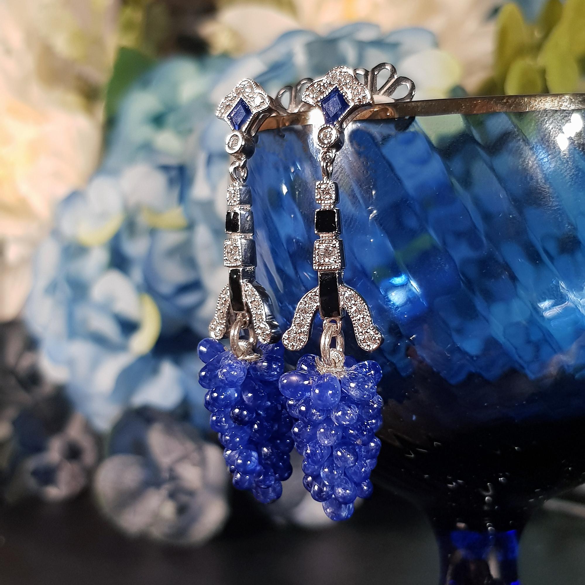 Blue Sapphire & Diamond and Black Enamel Grape Cluster 18K White Gold Earrings In New Condition For Sale In Oakton, VA