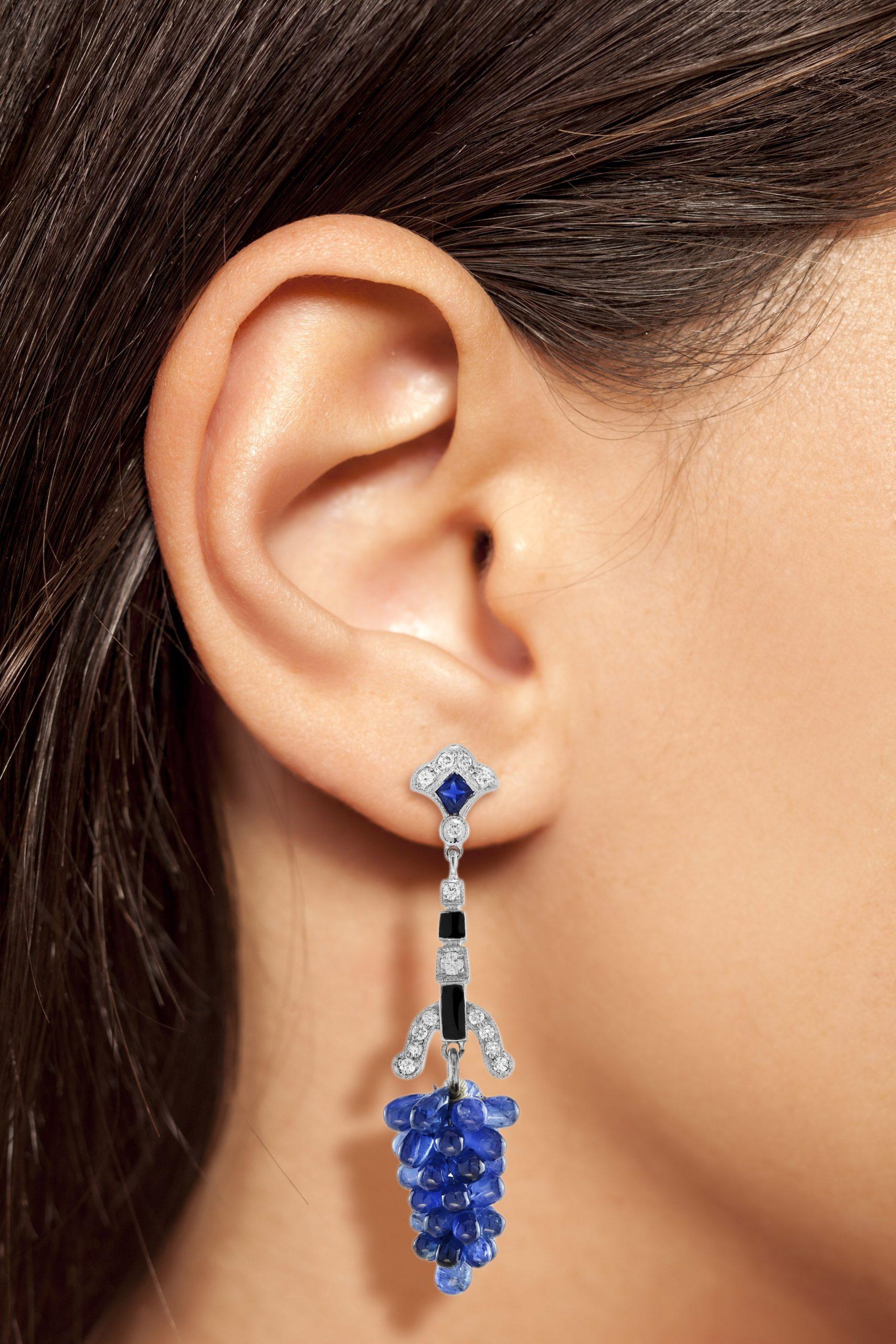 Blue Sapphire & Diamond and Black Enamel Grape Cluster 18K White Gold Earrings For Sale 1