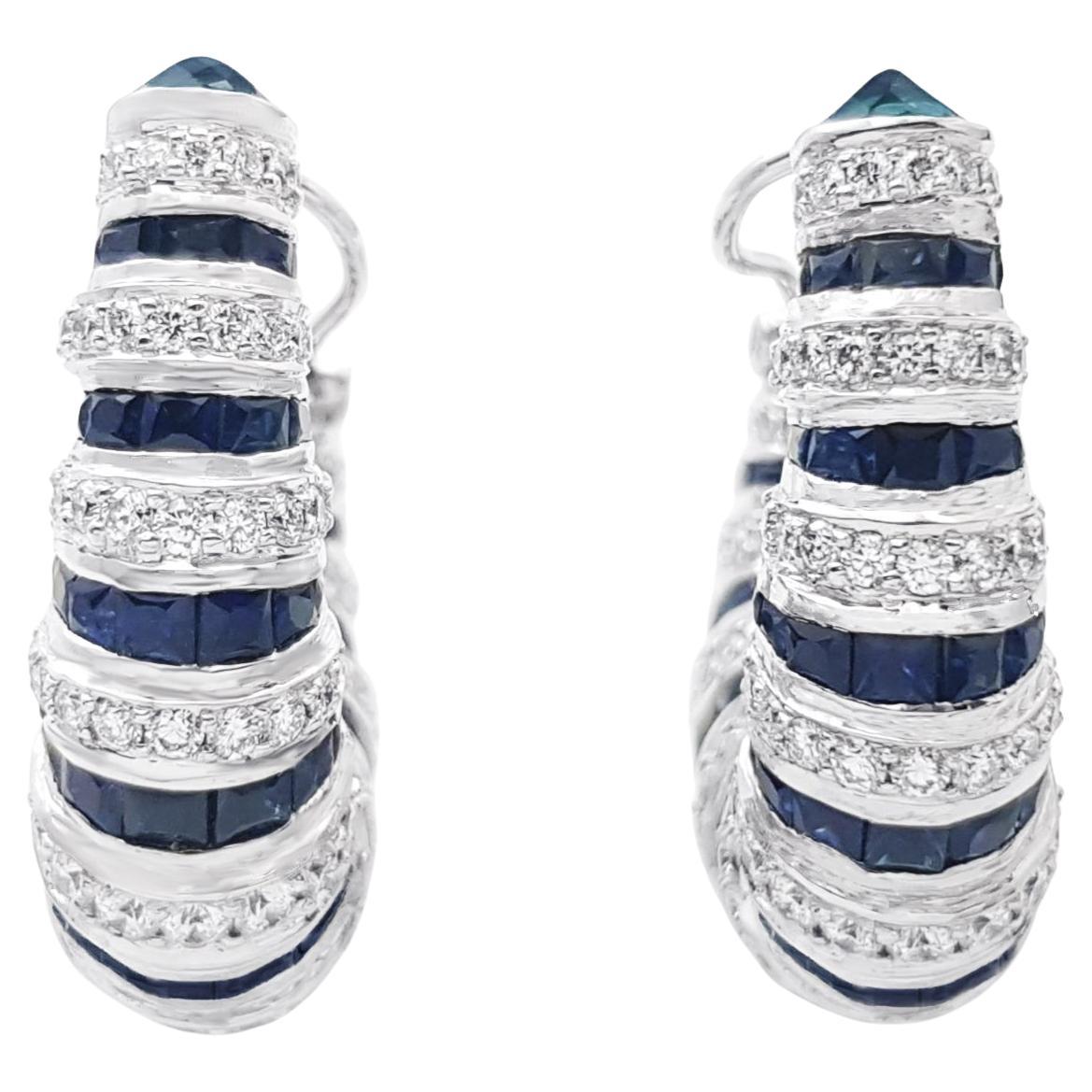 Blue Sapphire, Diamond and Cabochon Blue Sapphire Earrings set in 18K White Gold