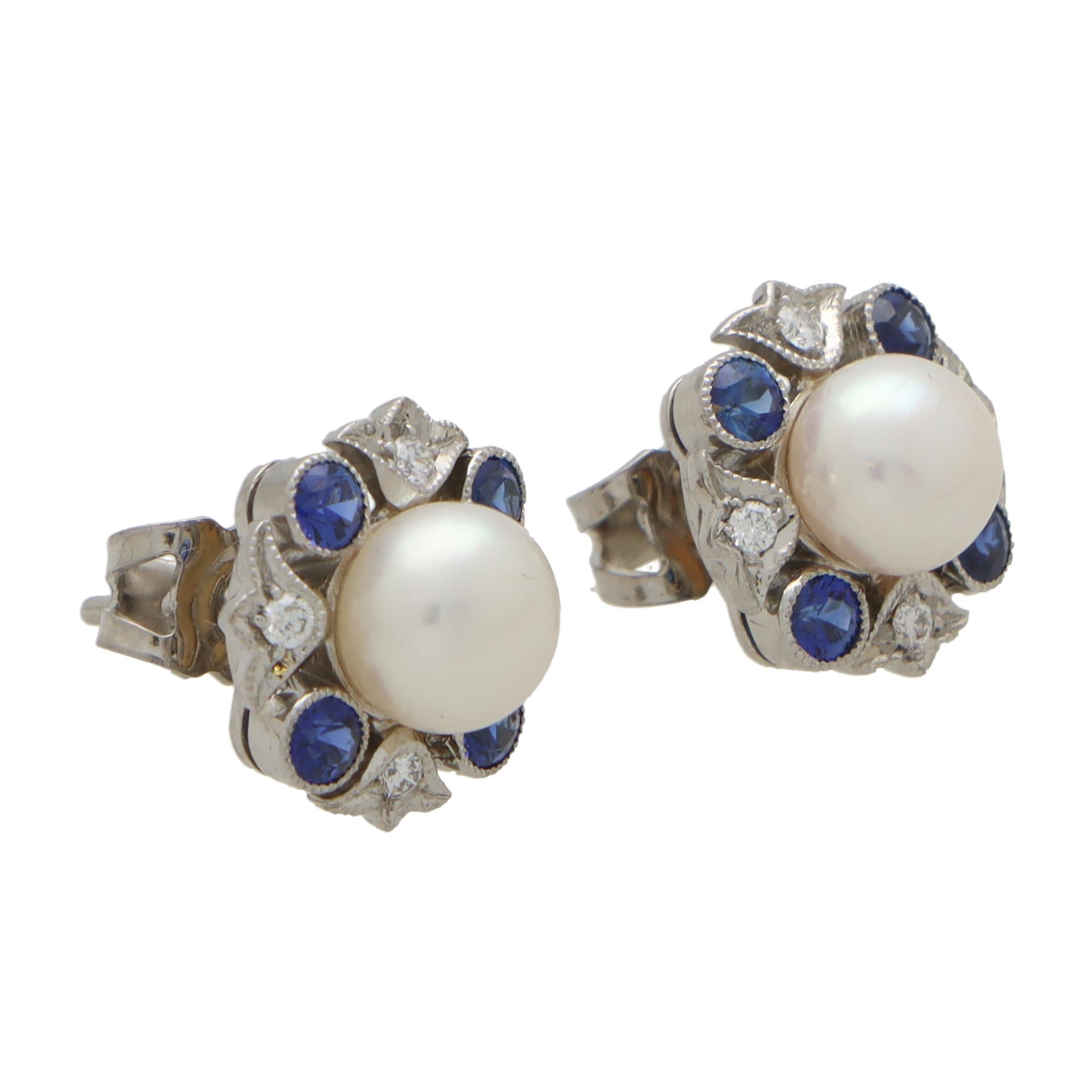 Blue Sapphire, Diamond and Pearl Cluster Stud Earrings in 18k White Gold In New Condition For Sale In London, GB