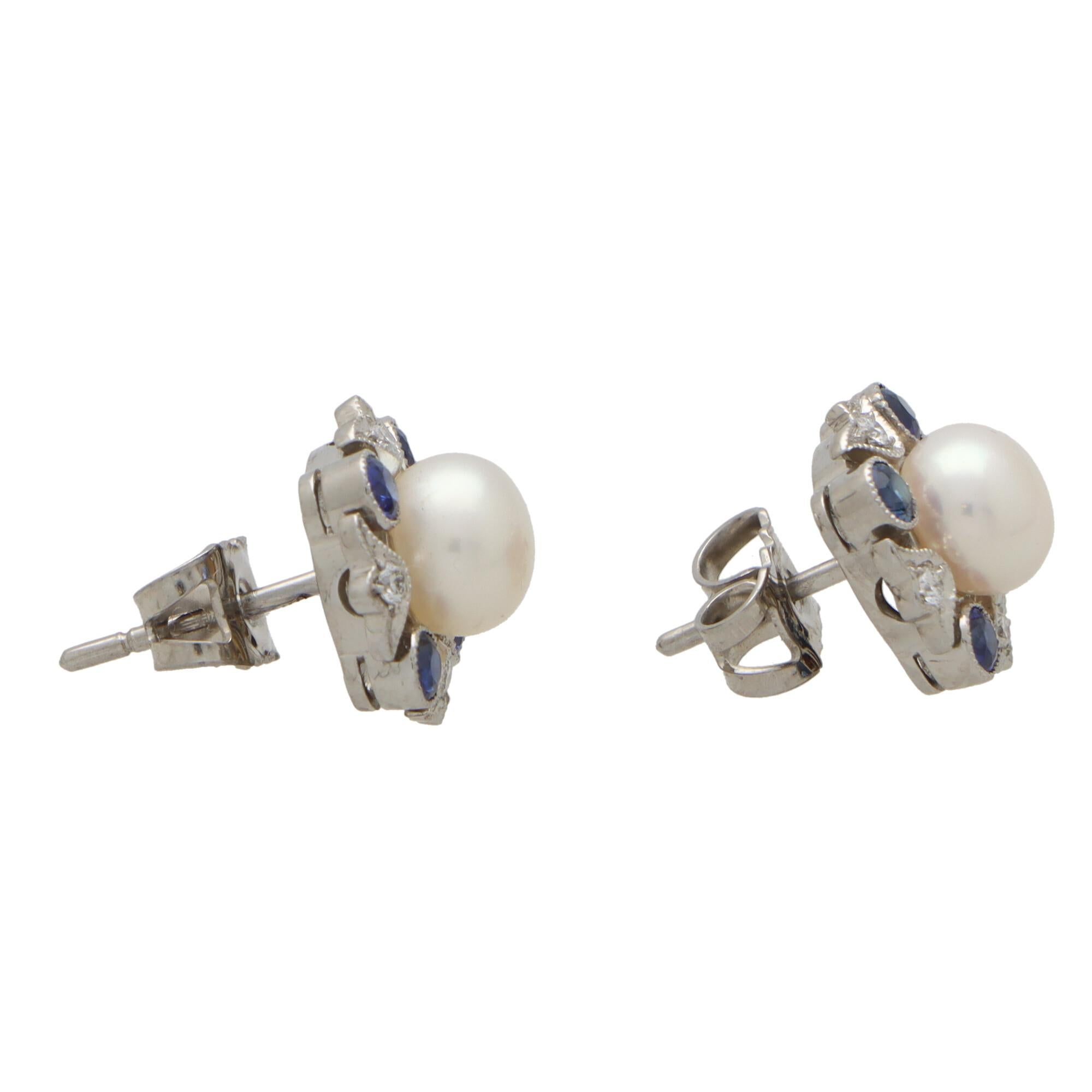 Women's or Men's Blue Sapphire, Diamond and Pearl Cluster Stud Earrings in 18k White Gold For Sale