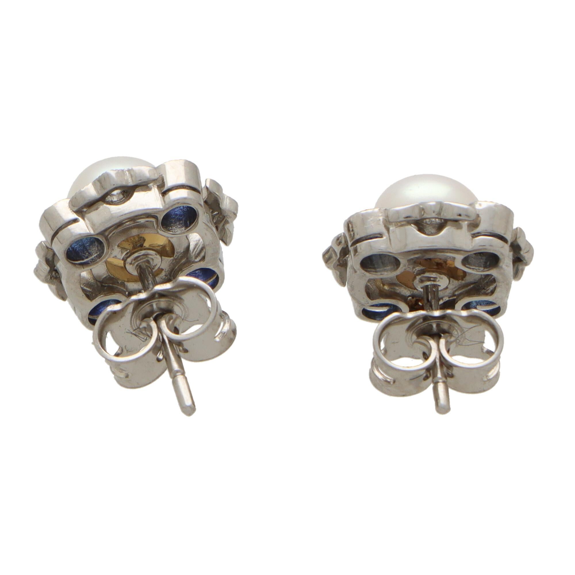 Blue Sapphire, Diamond and Pearl Cluster Stud Earrings in 18k White Gold For Sale 1