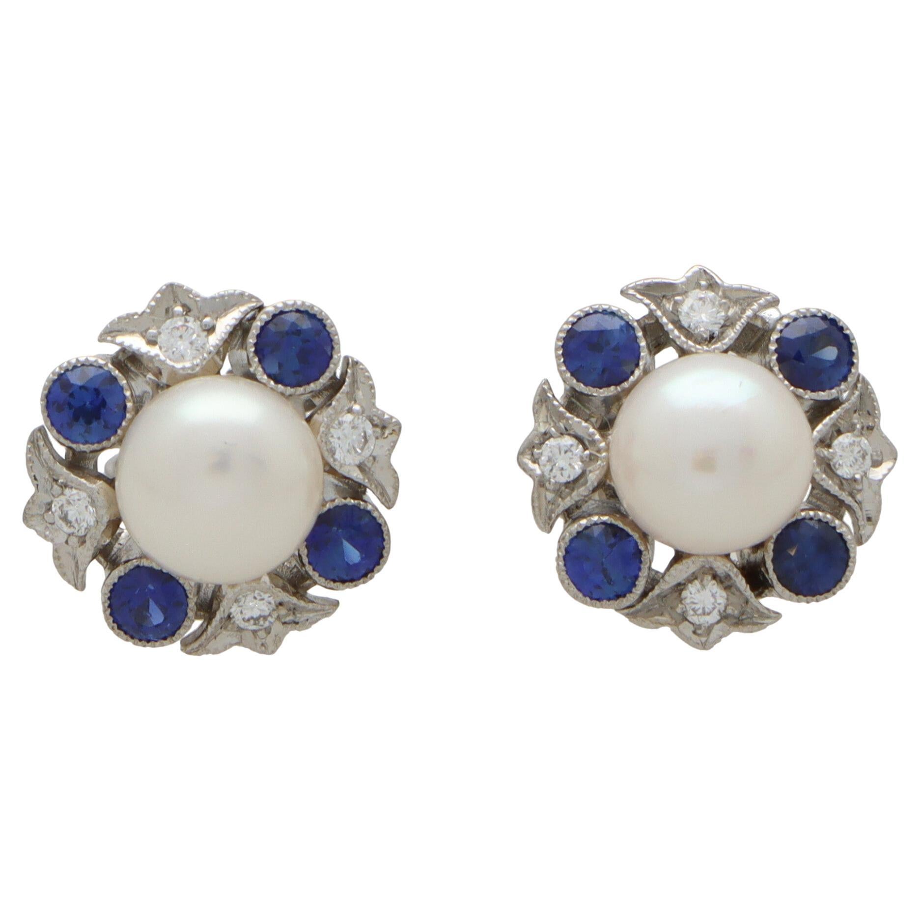 Blue Sapphire, Diamond and Pearl Cluster Stud Earrings in 18k White Gold For Sale