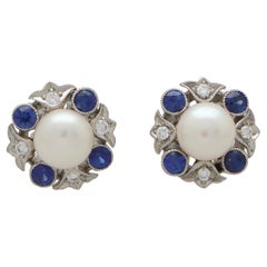 Blue Sapphire, Diamond and Pearl Cluster Stud Earrings in 18k White Gold