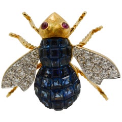 Blue Sapphire, Diamond and Ruby 18 Karat Yellow Gold Bee Pin