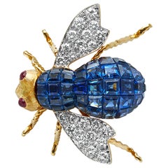 Blue Sapphire, Diamond and Ruby 18 Karat Yellow Gold Bee Pin