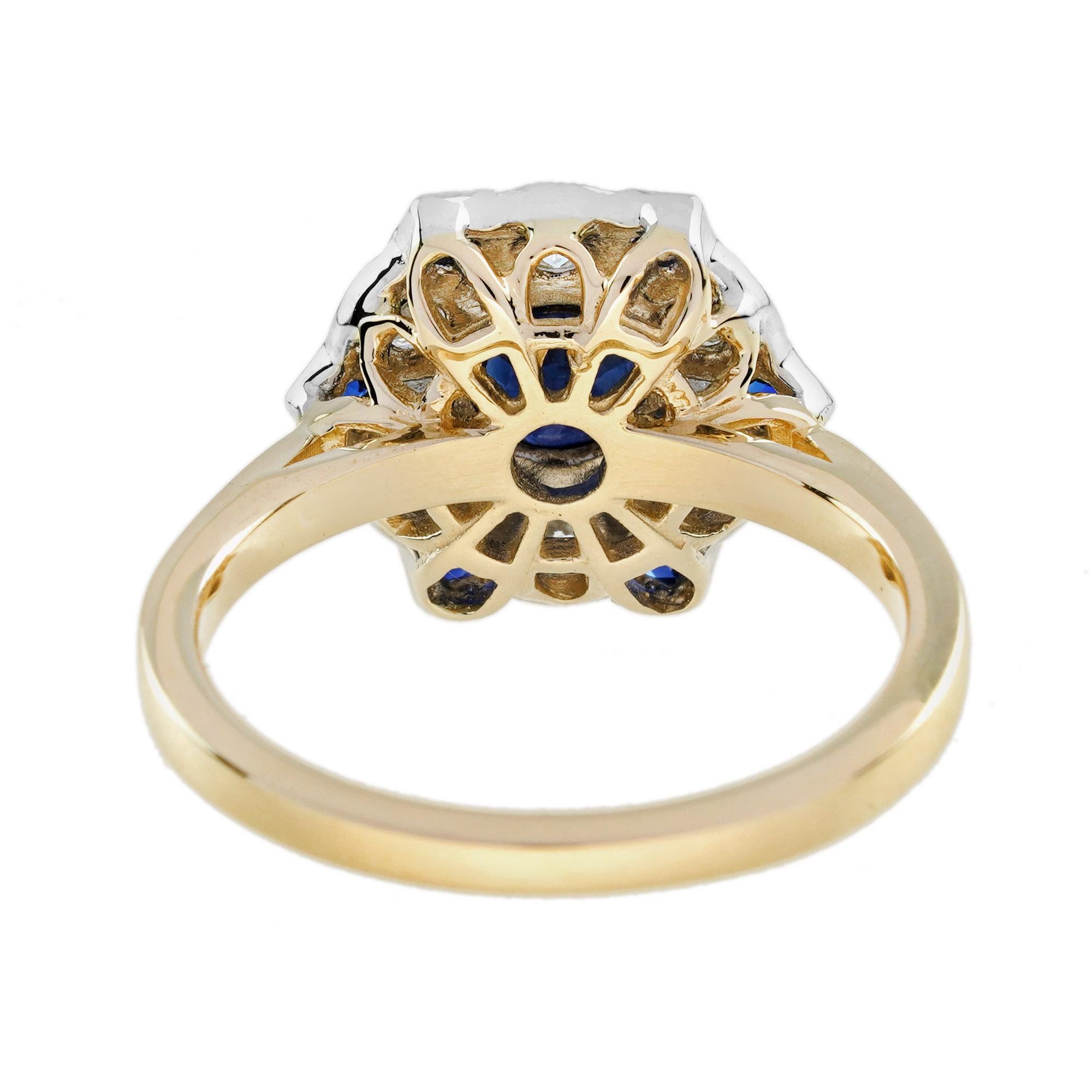 Blauer Saphir & Diamant Antik Stil Floral Cluster 14K Gelbgold Ring (Gemischter Schliff) im Angebot