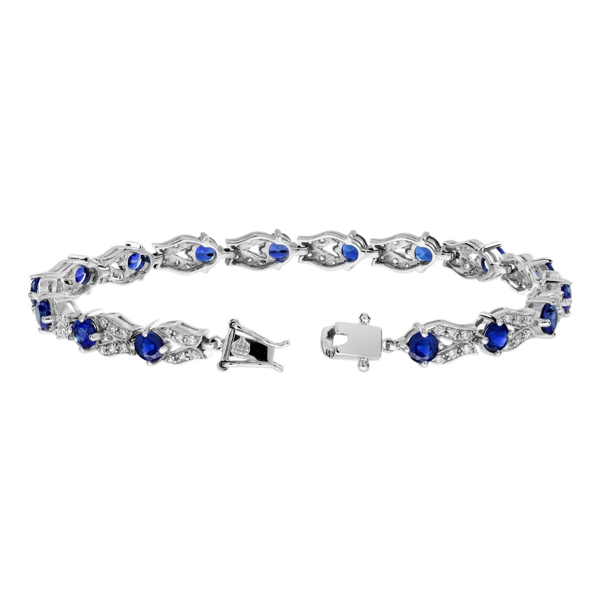 Bracelet à maillons de style ancien en or blanc 14 carats avec saphir bleu et diamants Neuf - En vente à Bangkok, TH