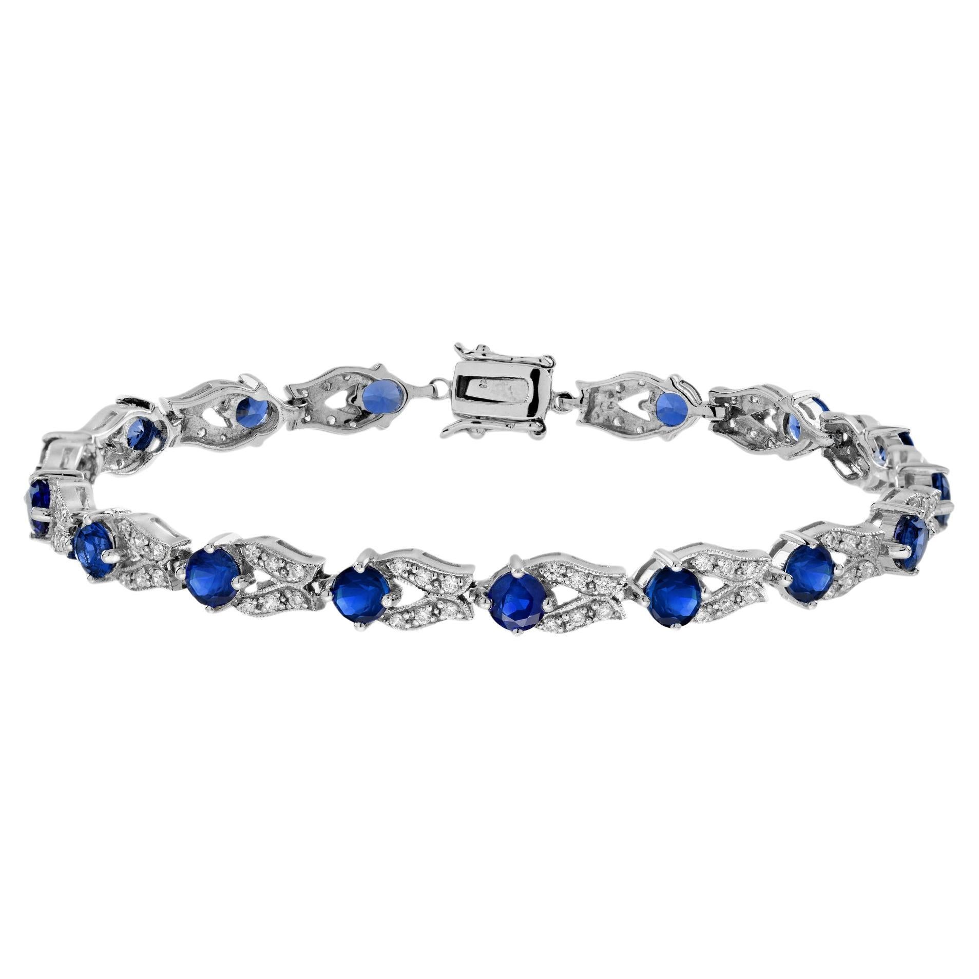 Gliederarmband aus 14 Karat Weißgold mit blauem Saphir und Diamant im antiken Stil