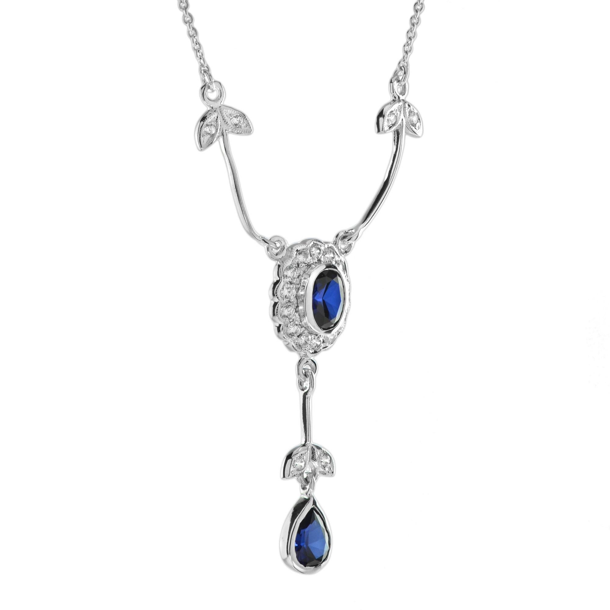 Mixed Cut Blue Sapphire & Diamond Art Deco Style 14K White Gold Drop Pendant Necklace For Sale