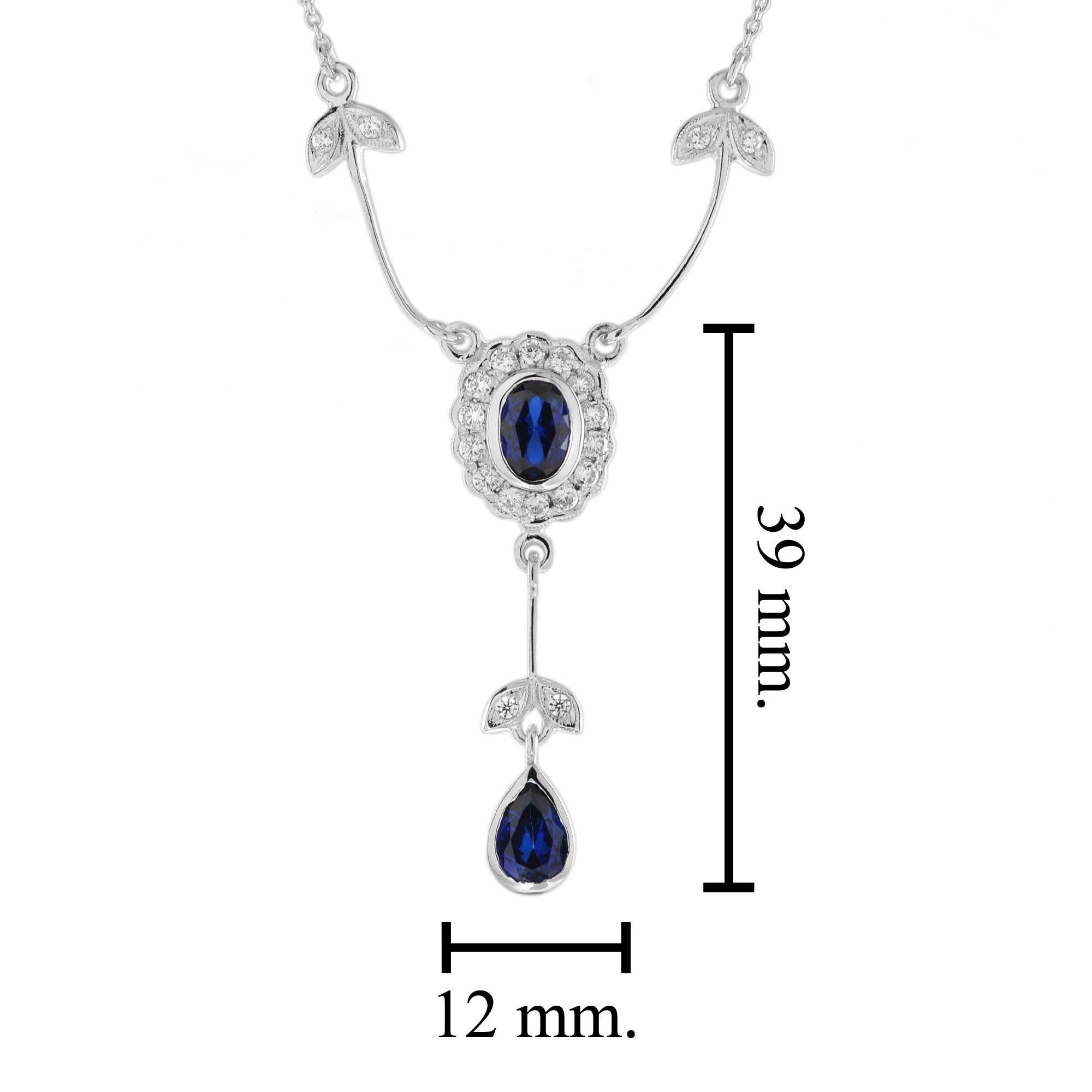 Women's Blue Sapphire & Diamond Art Deco Style 14K White Gold Drop Pendant Necklace For Sale