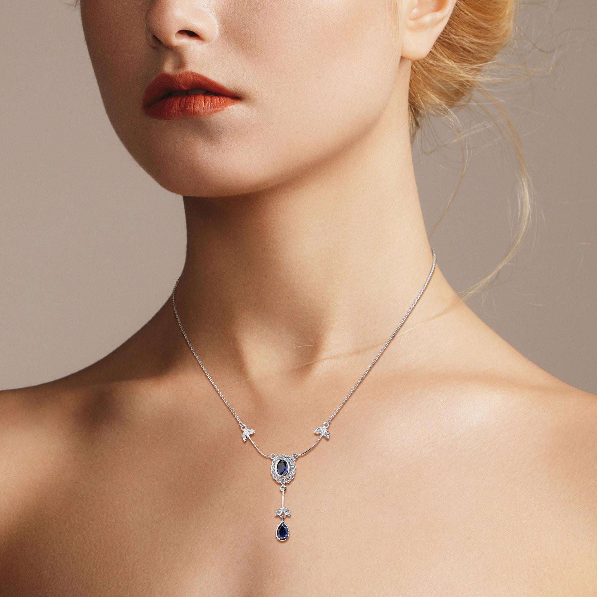 Blue Sapphire & Diamond Art Deco Style 14K White Gold Drop Pendant Necklace For Sale 1