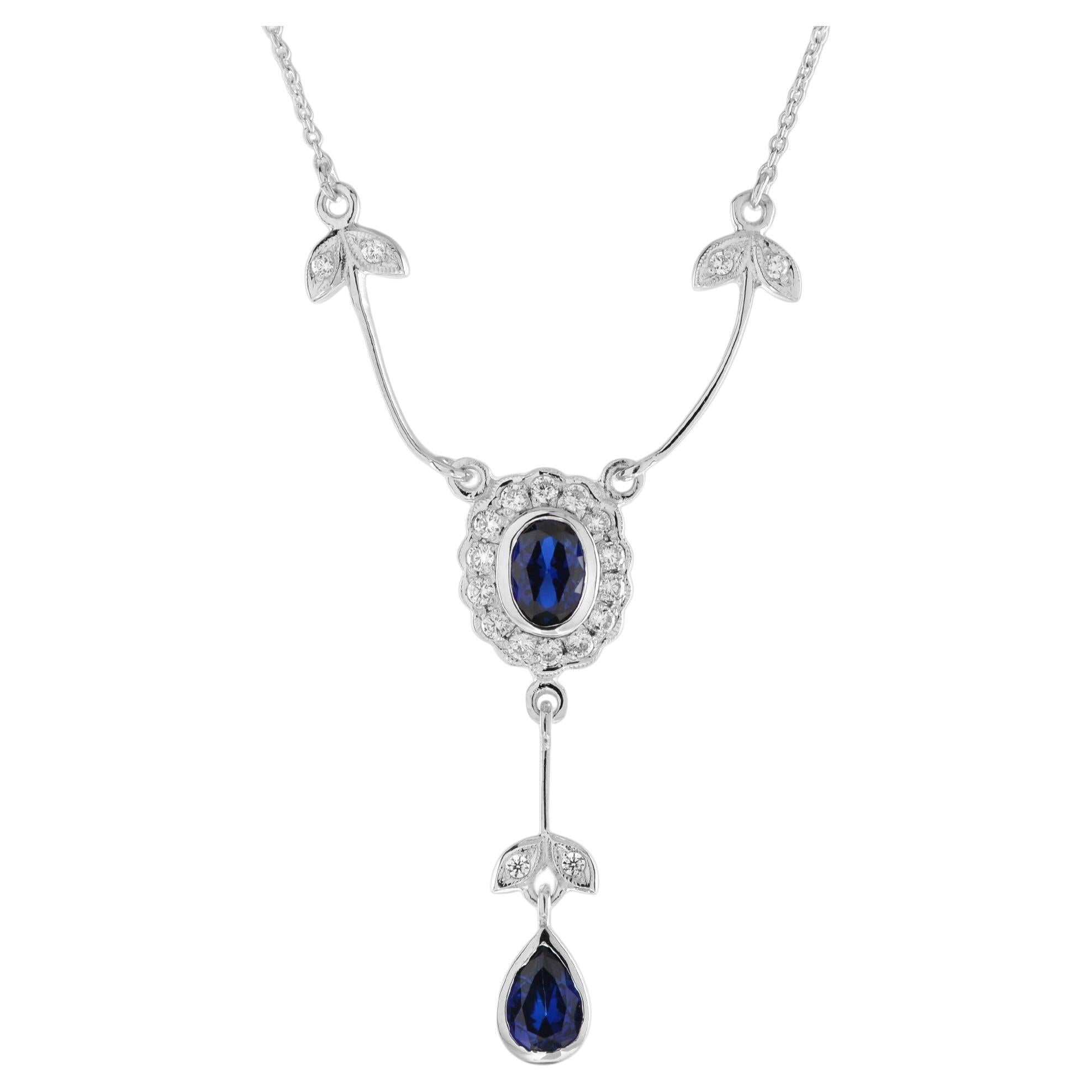 Blue Sapphire & Diamond Art Deco Style 14K White Gold Drop Pendant Necklace