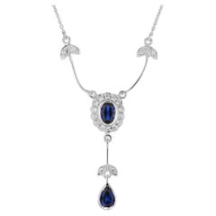 Blue Sapphire & Diamond Art Deco Style 14K White Gold Drop Pendant Necklace