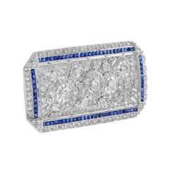 Blue Sapphire & Diamond Art Deco Style 14K White Gold Unique Pin Brooch
