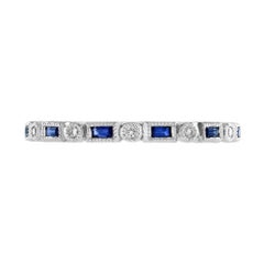 Blue Sapphire & Diamond Art Deco Style Band 14K White Gold Ring