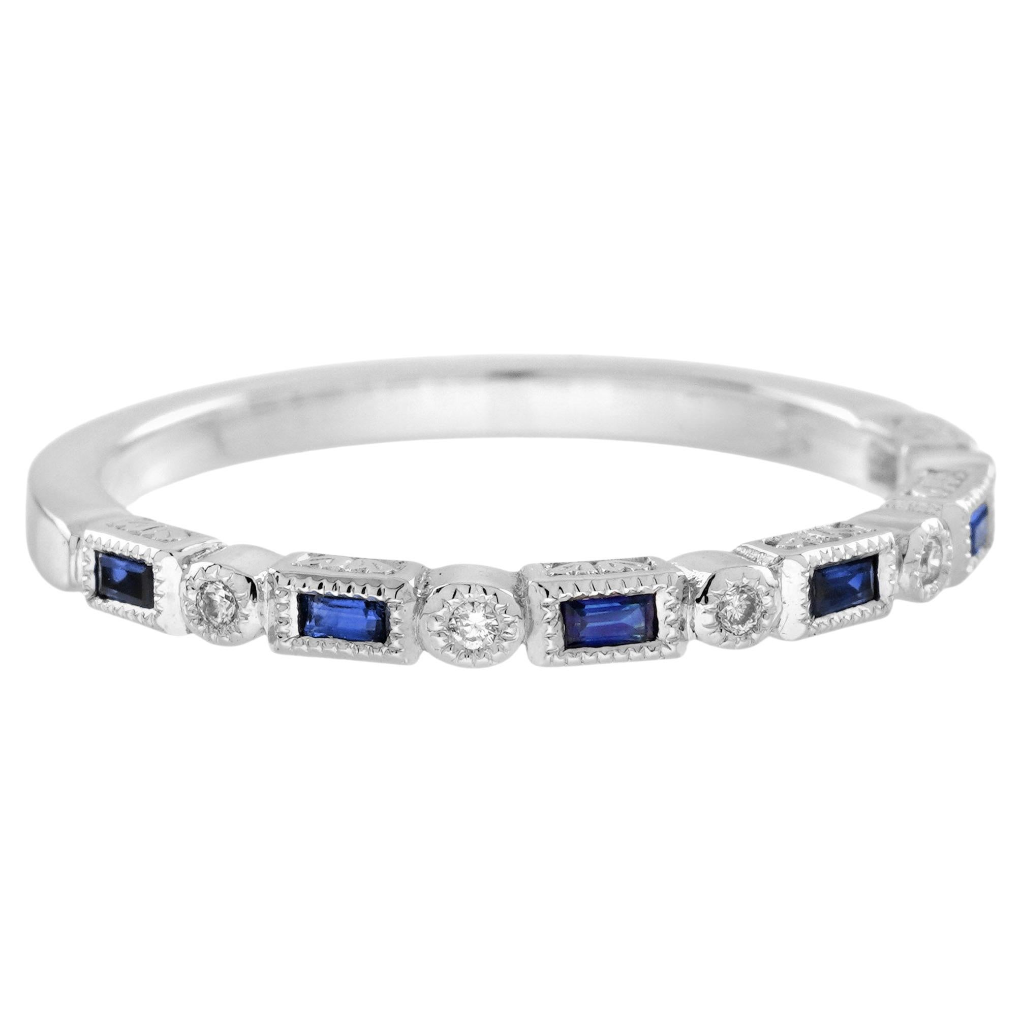 Anello in oro bianco 14K con zaffiro blu e diamanti in stile Art Deco in vendita