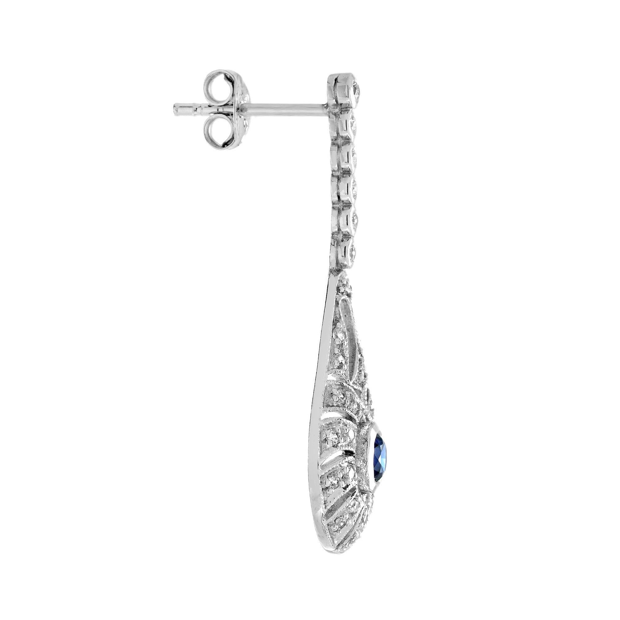 Round Cut Blue Sapphire Diamond Art Deco Style Drop Earrings in 14K White Gold For Sale
