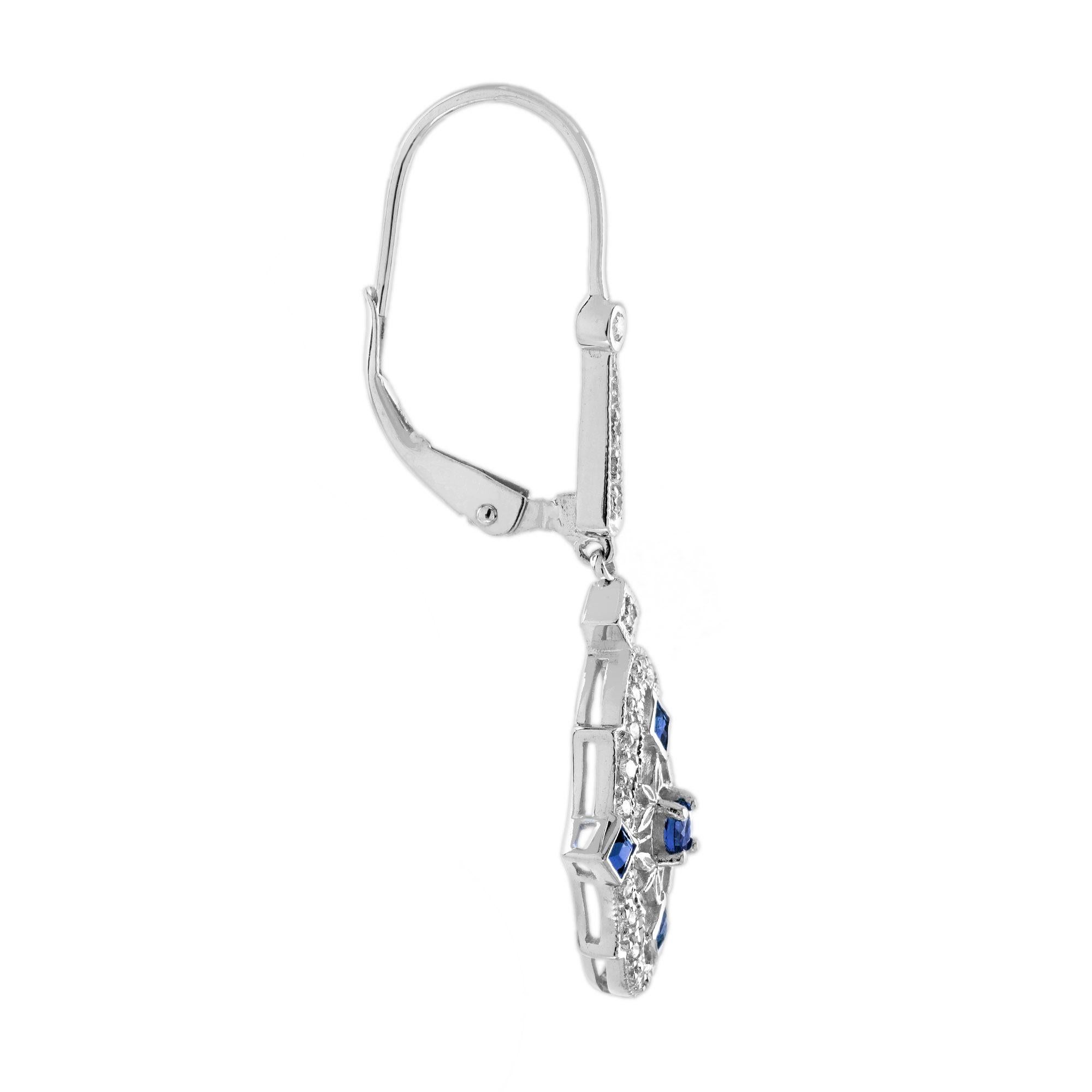 Taglio rotondo Orecchini a goccia con diamante e zaffiro blu in stile Art Déco in oro bianco 14 carati in vendita