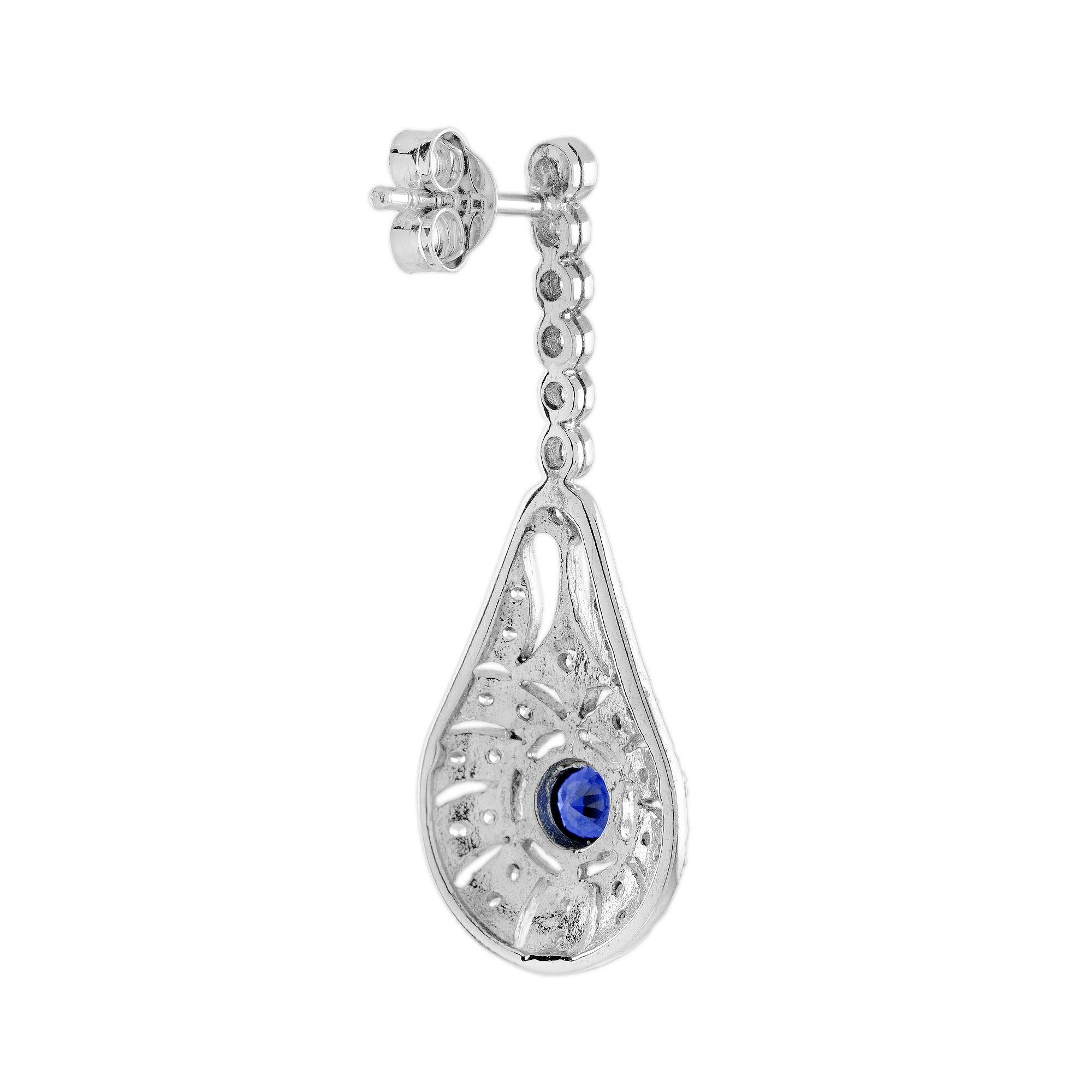 Blue Sapphire Diamond Art Deco Style Drop Earrings in 14K White Gold In New Condition For Sale In Bangkok, TH
