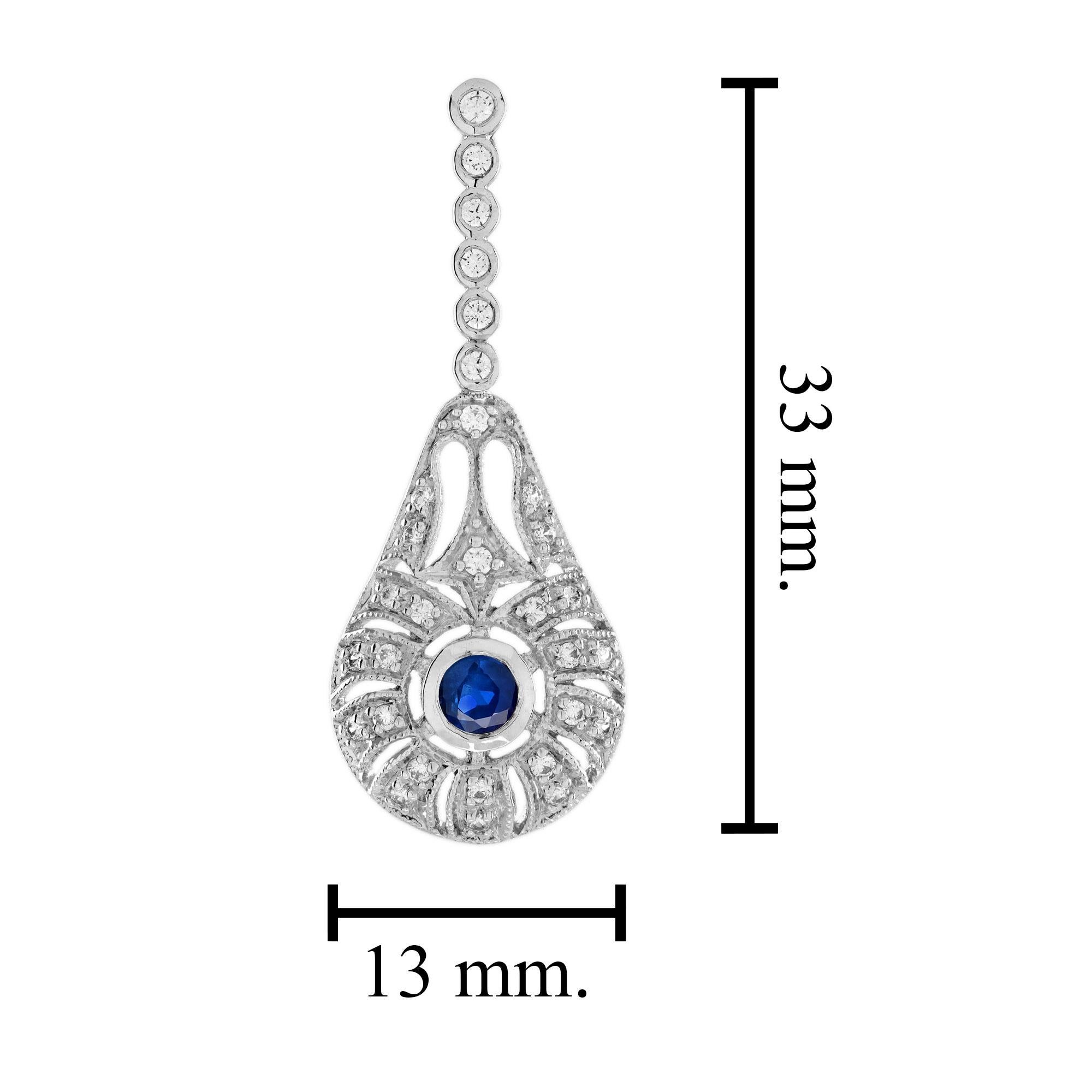 Boucles d'oreilles pendantes en or blanc 14 carats, saphir bleu et diamant, style Art déco Pour femmes en vente