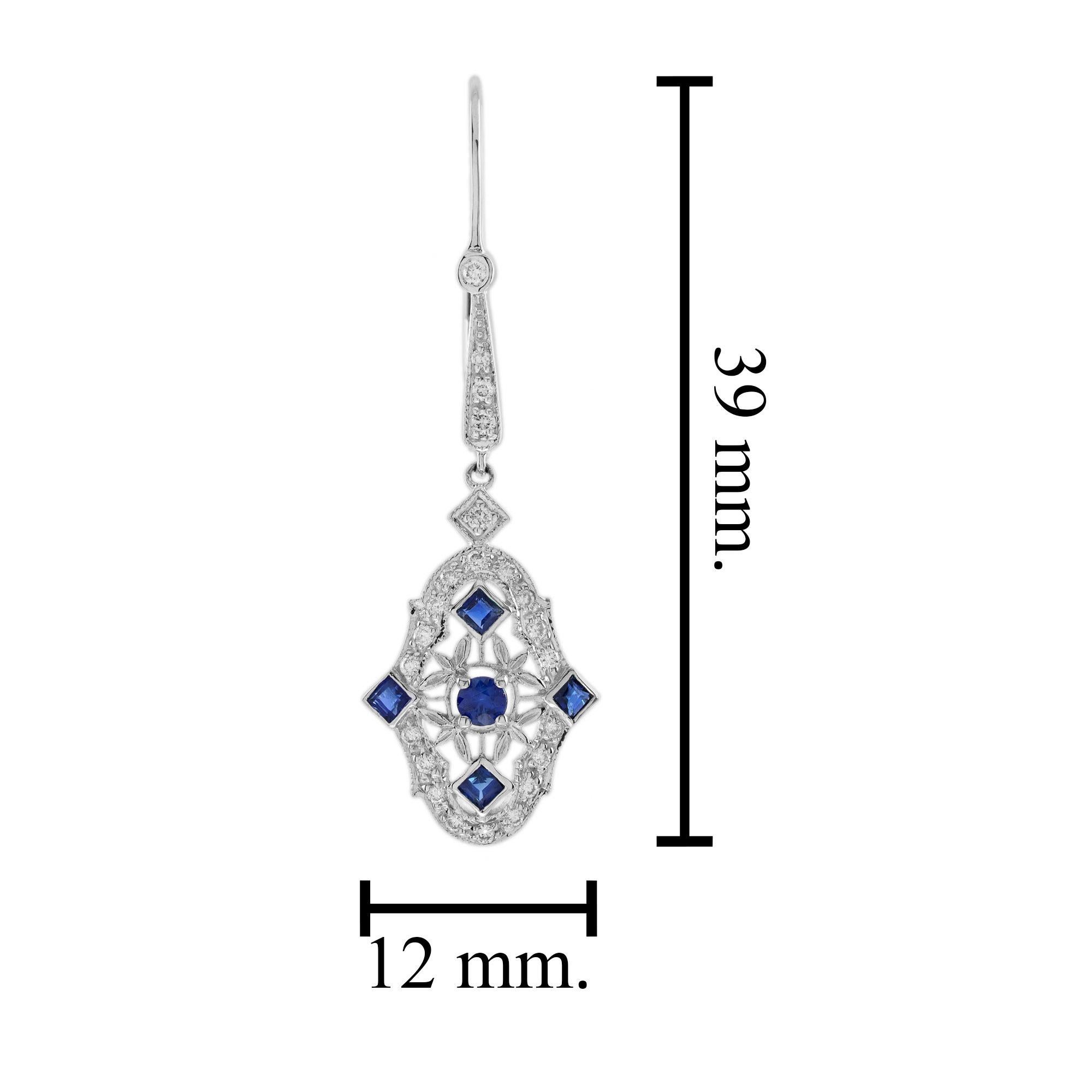 Donna Orecchini a goccia con diamante e zaffiro blu in stile Art Déco in oro bianco 14 carati in vendita