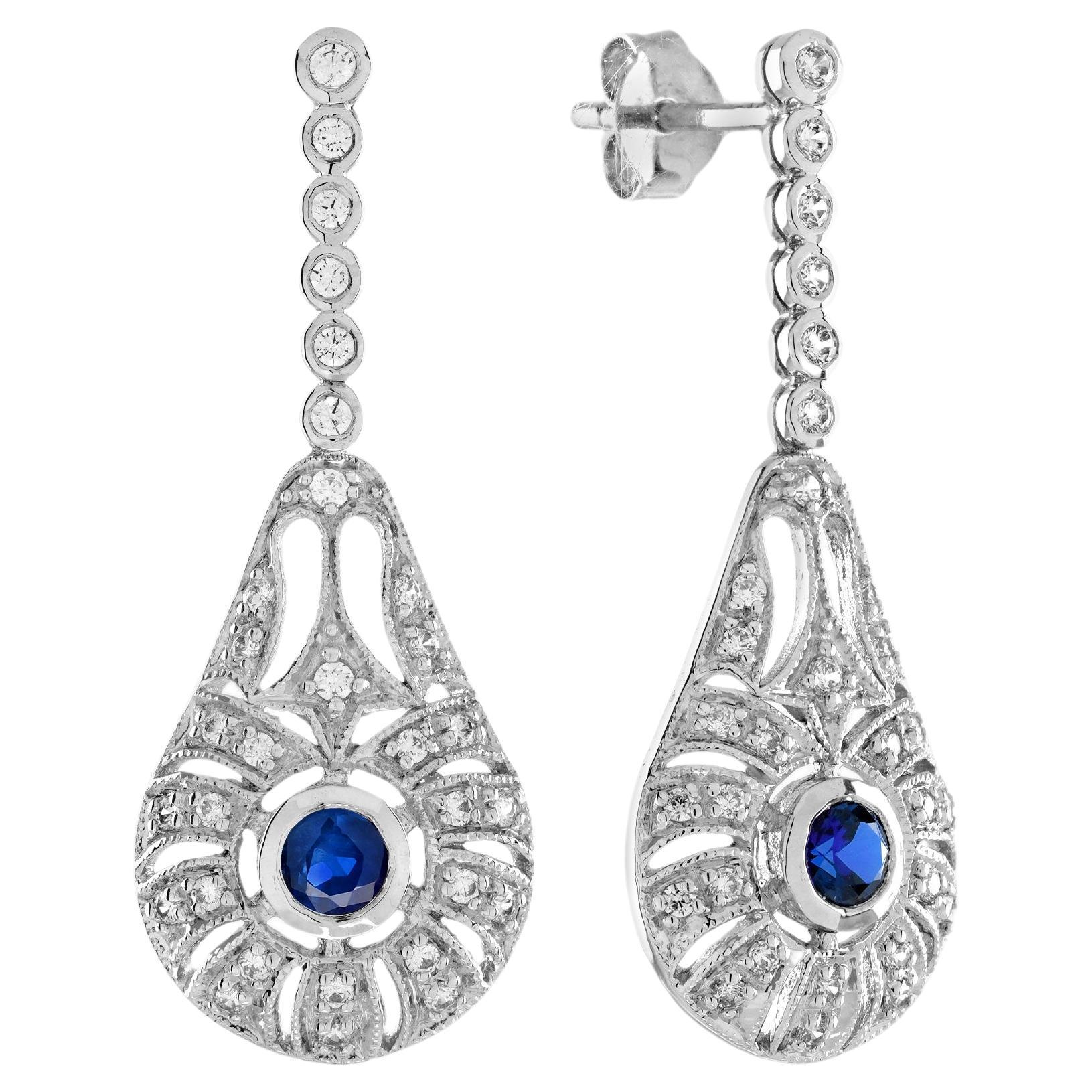 Boucles d'oreilles pendantes en or blanc 14 carats, saphir bleu et diamant, style Art déco en vente