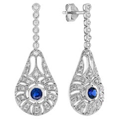 Blue Sapphire Diamond Art Deco Style Drop Earrings in 14K White Gold