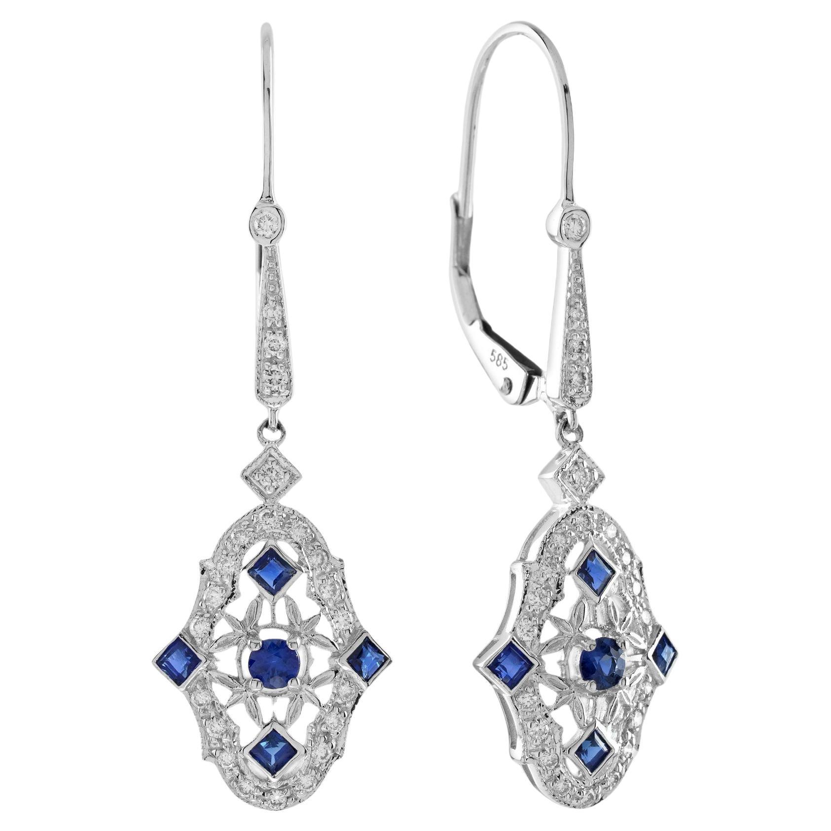 Blue Sapphire Diamond Art Deco Style Drop Earrings in 14K White Gold