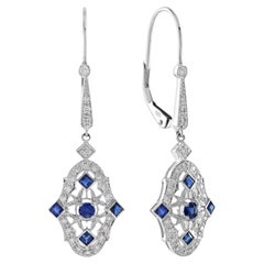 Blue Sapphire Diamond Art Deco Style Drop Earrings in 14K White Gold