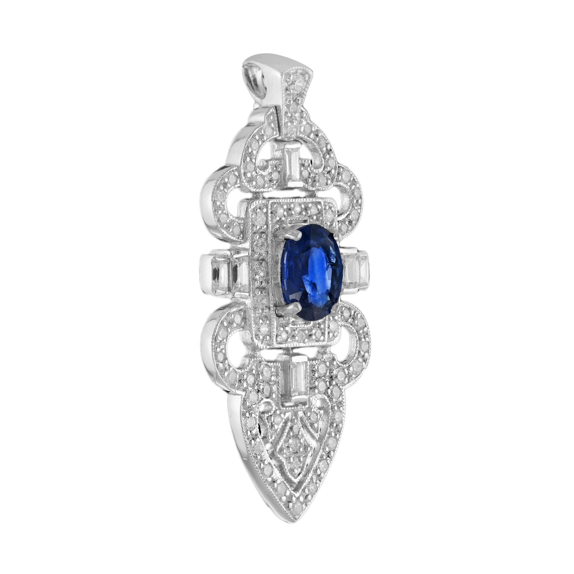 Oval Cut Blue Sapphire Diamond Art Deco Style Elegance Pendant in 18K White Gold For Sale