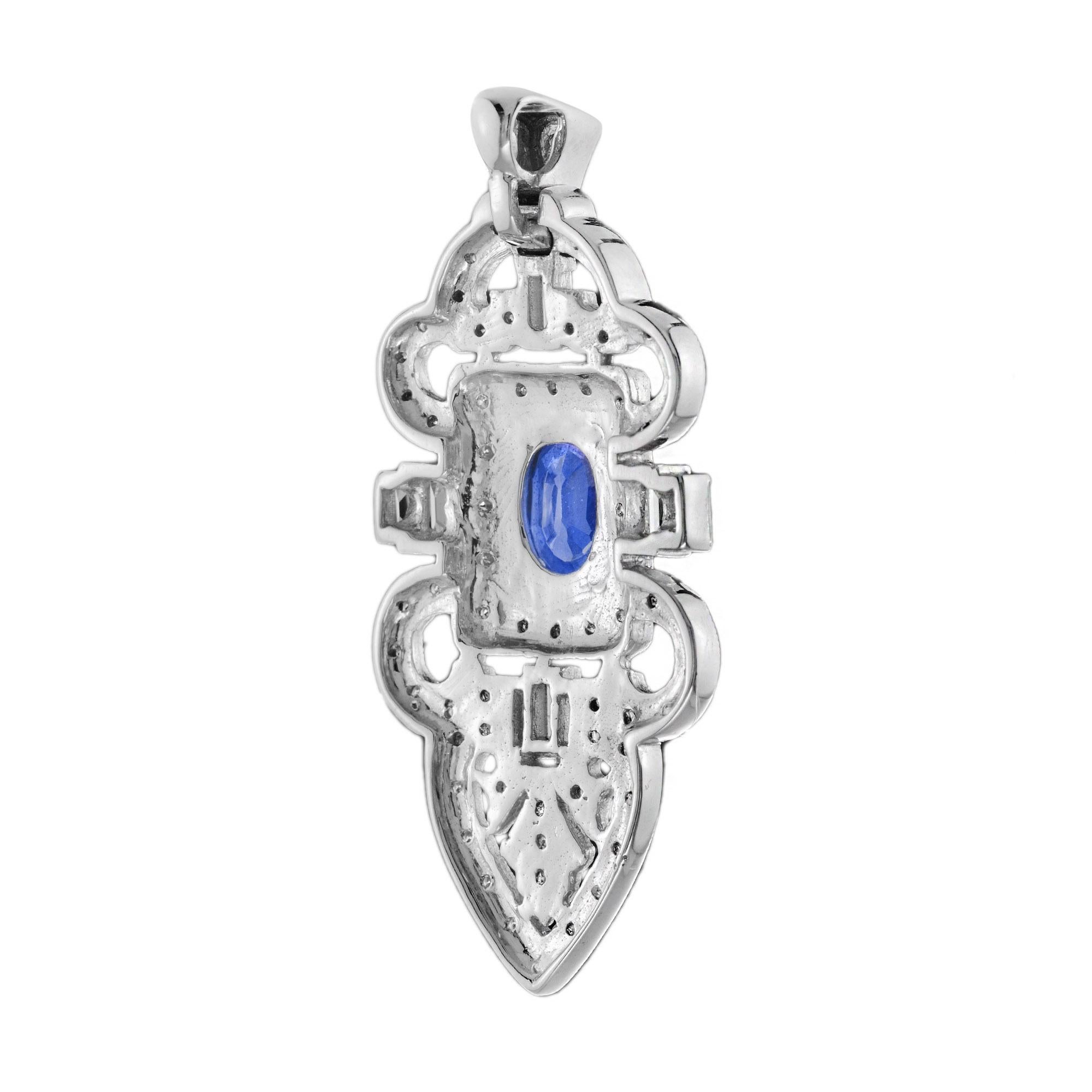 Blue Sapphire Diamond Art Deco Style Elegance Pendant in 18K White Gold In New Condition For Sale In Bangkok, TH