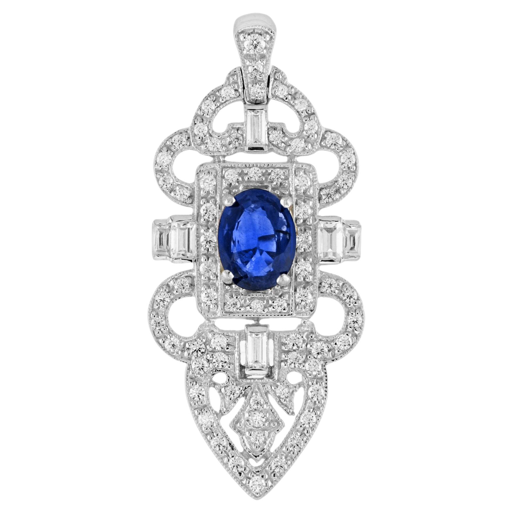 Blue Sapphire Diamond Art Deco Style Elegance Pendant in 18K White Gold For Sale