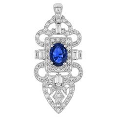 Blue Sapphire Diamond Art Deco Style Elegance Pendant in 18K White Gold