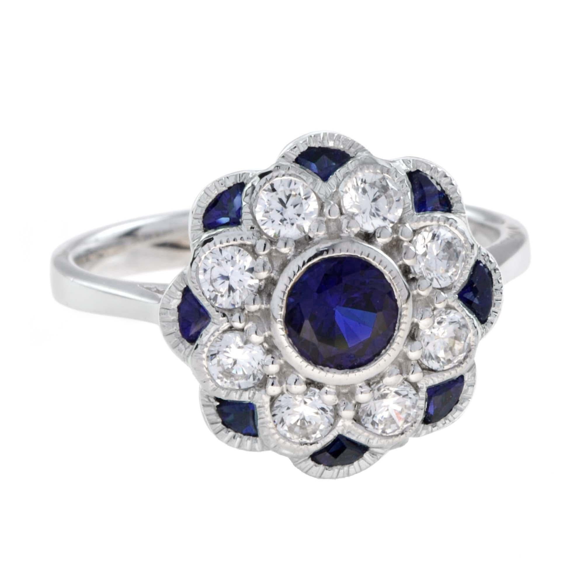 Taille ronde Bague de fiançailles Art déco à fleurs en or blanc 18 carats avec saphir bleu et diamants en vente
