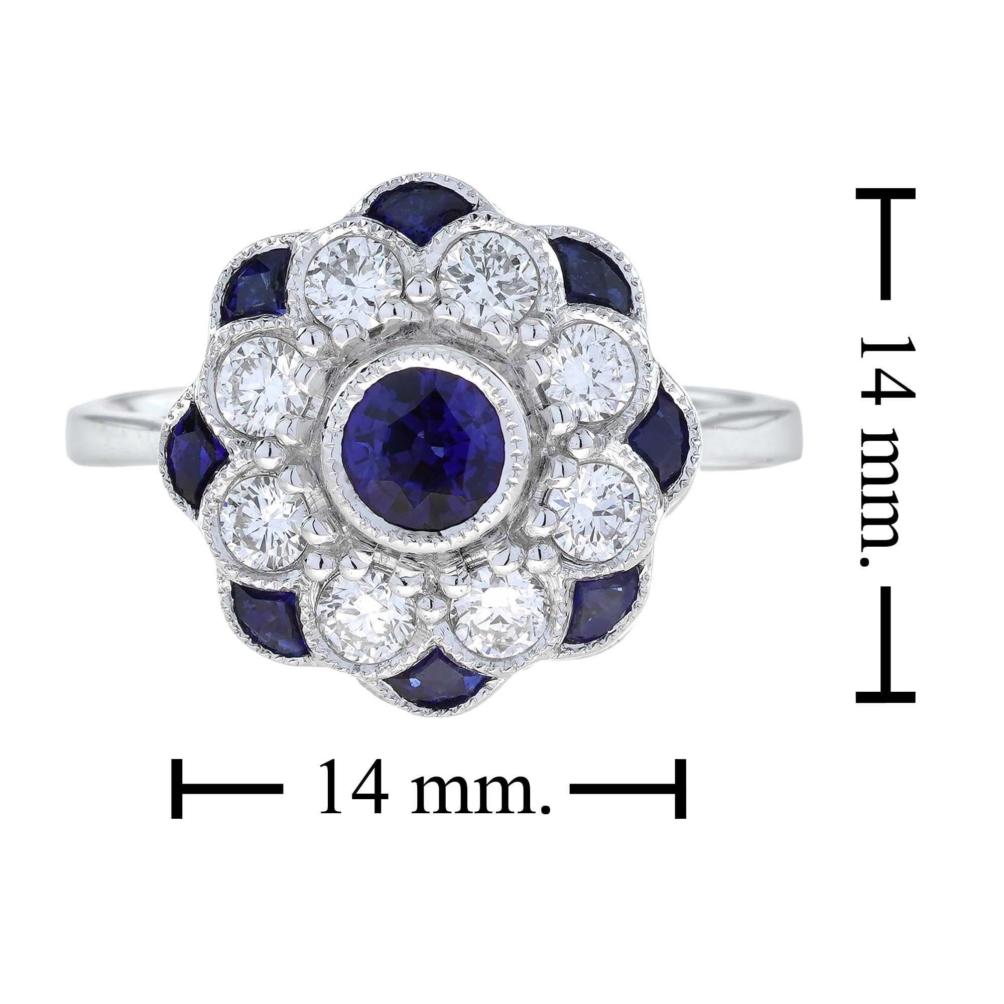 Anello di fidanzamento floreale con diamante e zaffiro blu in stile Art Déco in oro bianco 18 carati in vendita 1