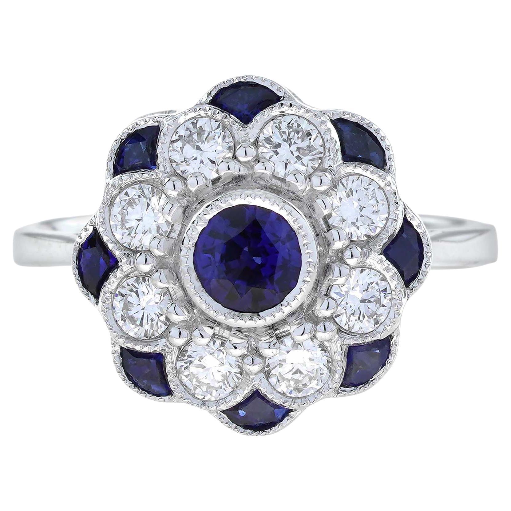 Blue Sapphire Diamond Art Deco Style Floral Engagement Ring in 18K White Gold