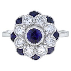 Zafiro Azul Diamante Anillo de Compromiso Floral Estilo Art Decó en Oro Blanco de 18 K
