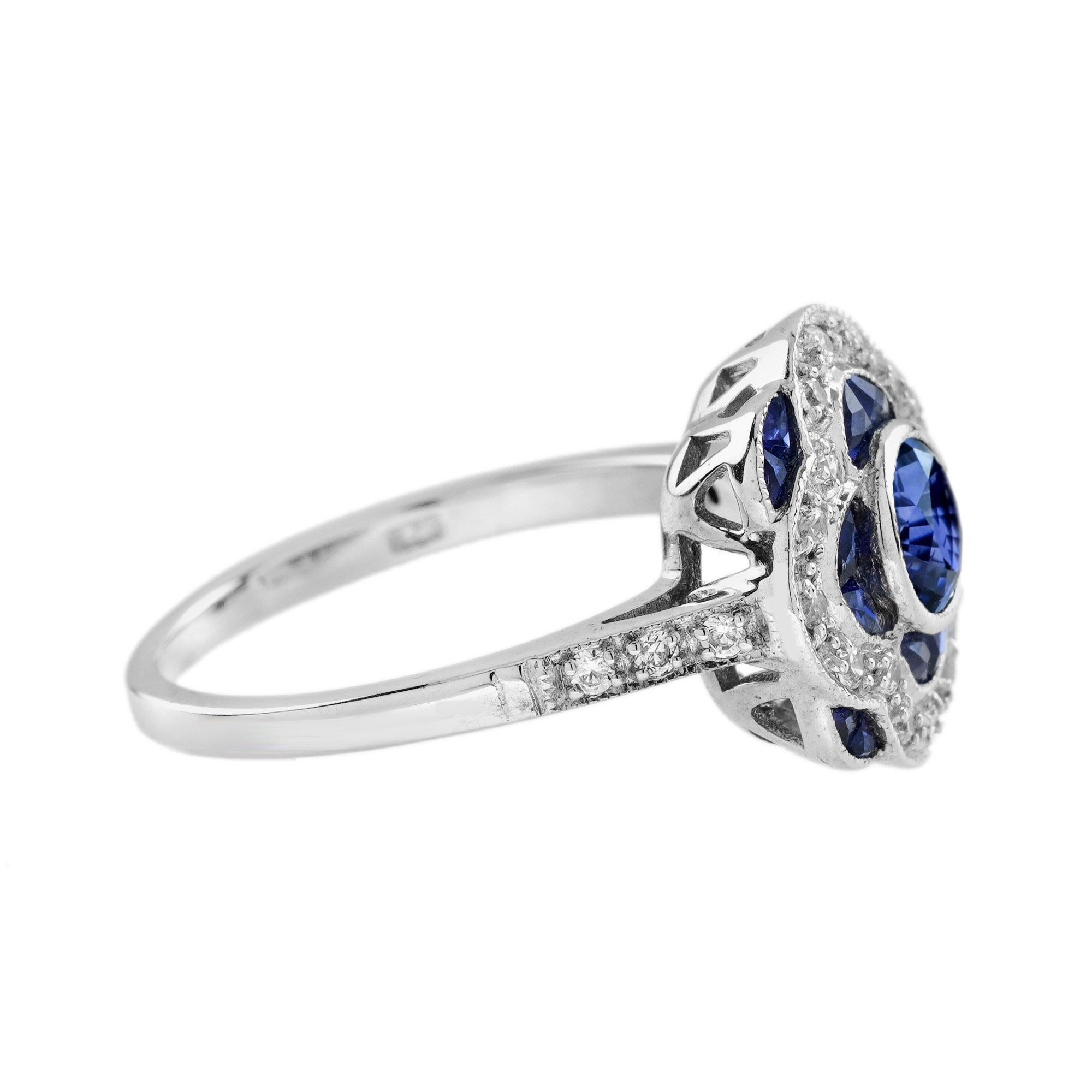 Look at this stunning blue sapphire and diamond floral halo ring! This vintage inspired sapphire and diamond ring features a unique floral design. With total of 0.22 carat diamonds and 2.27 carat sapphires, this Art Deco style floral design,